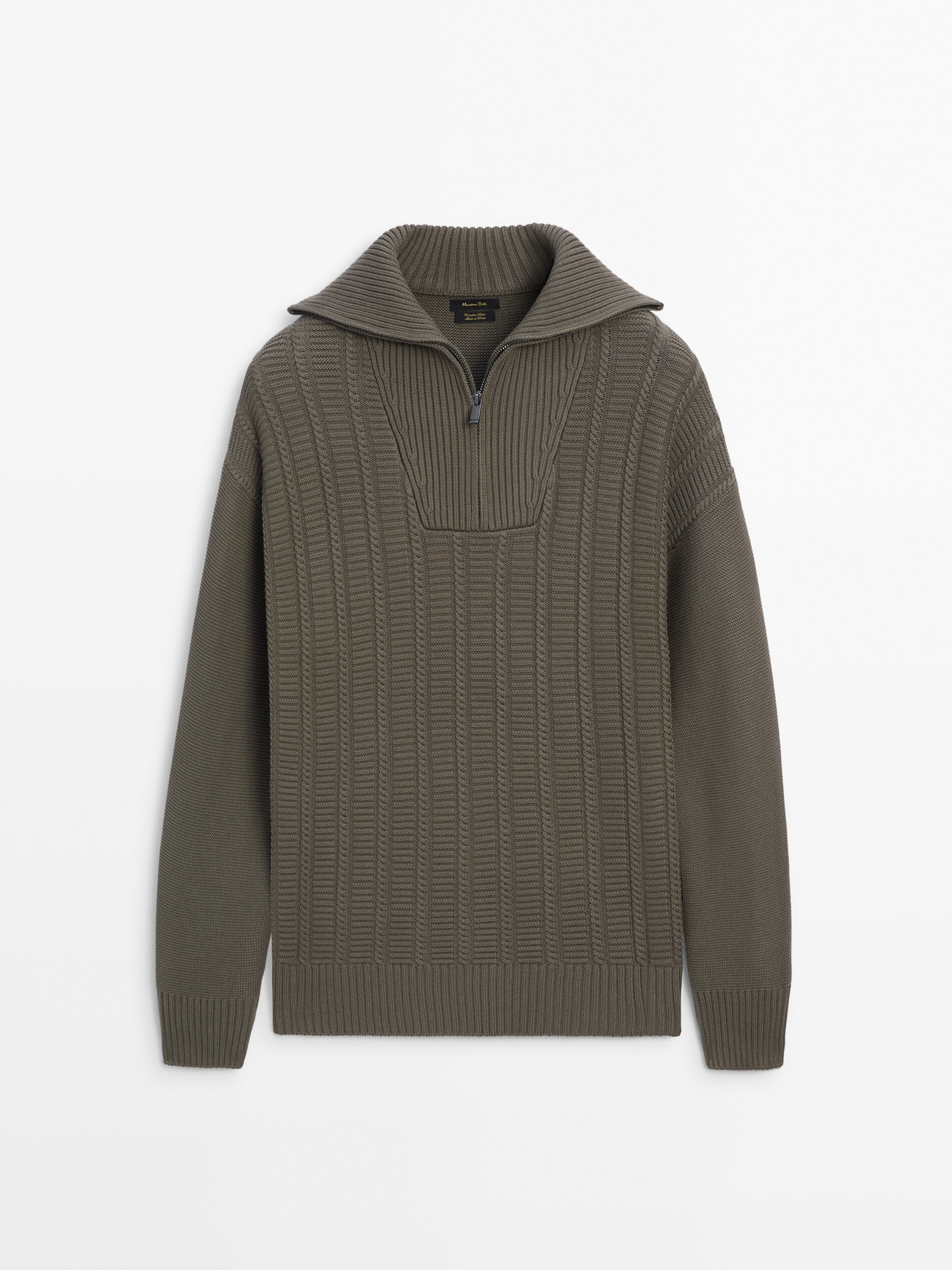 Mock neck cable knit sweater · Medium Khaki, Navy Blue · Sweaters