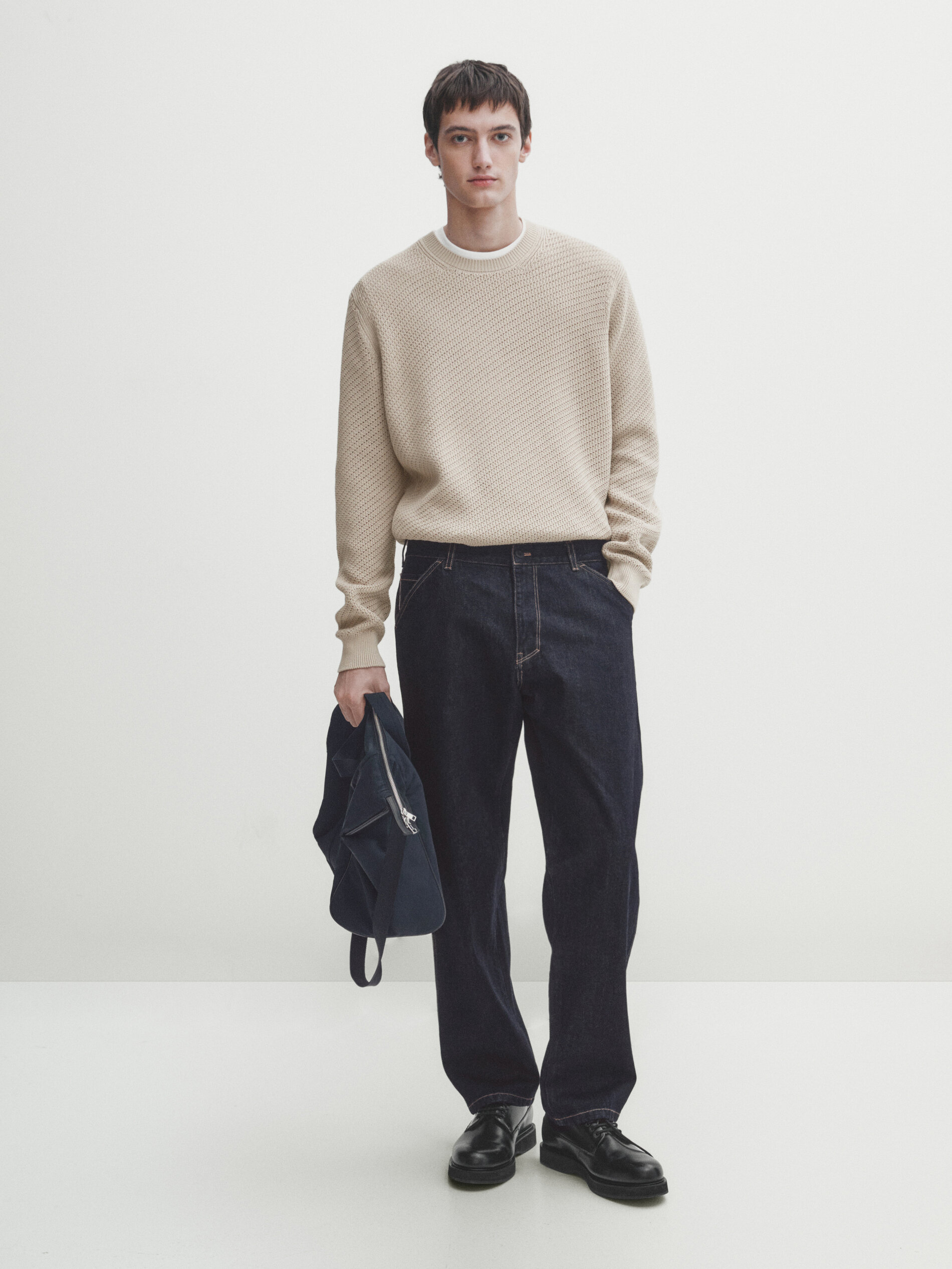 Crew neck cotton mesh knit sweater · Beige, Grey Marl · Sweaters 