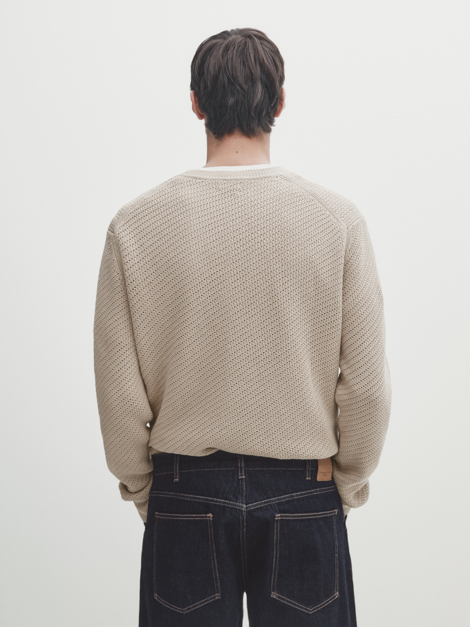 Crew neck cotton mesh knit sweater · Beige, Grey Marl · Sweaters 