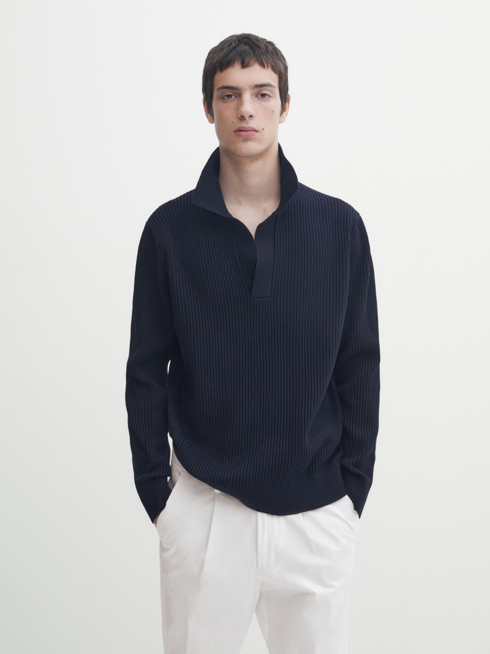 Cotton ribbed knit polo sweater · Navy Blue, Medium Khaki, Stone 