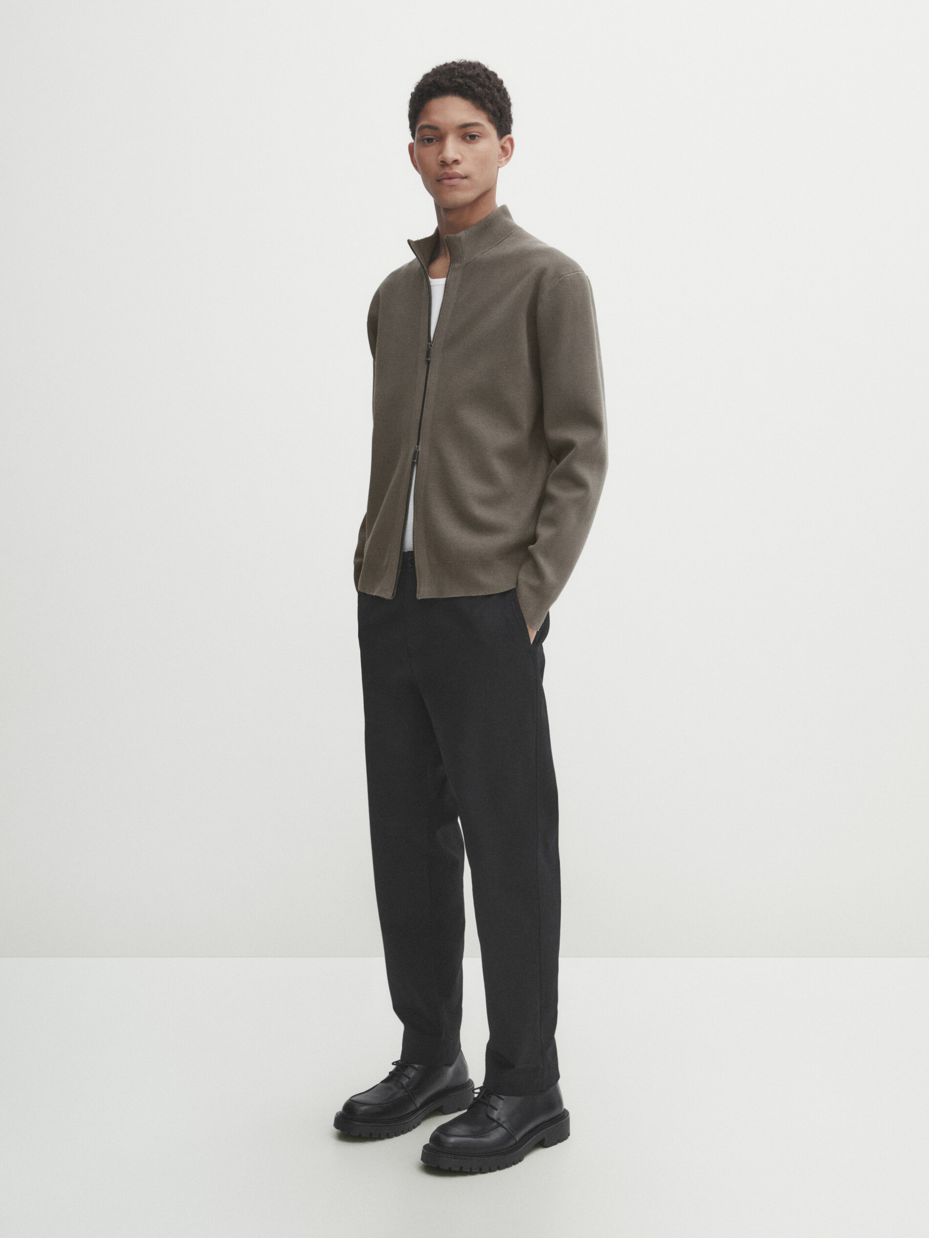 Milano knit cardigan with a mock neck and zip · Medium Khaki