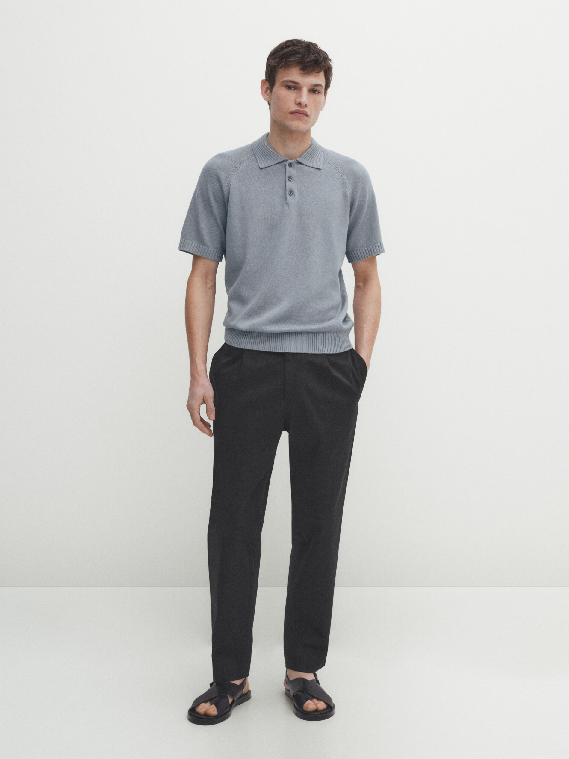 Massimo Dutti Knit Polo Sweater With Short Sleeves In Kohlefarben