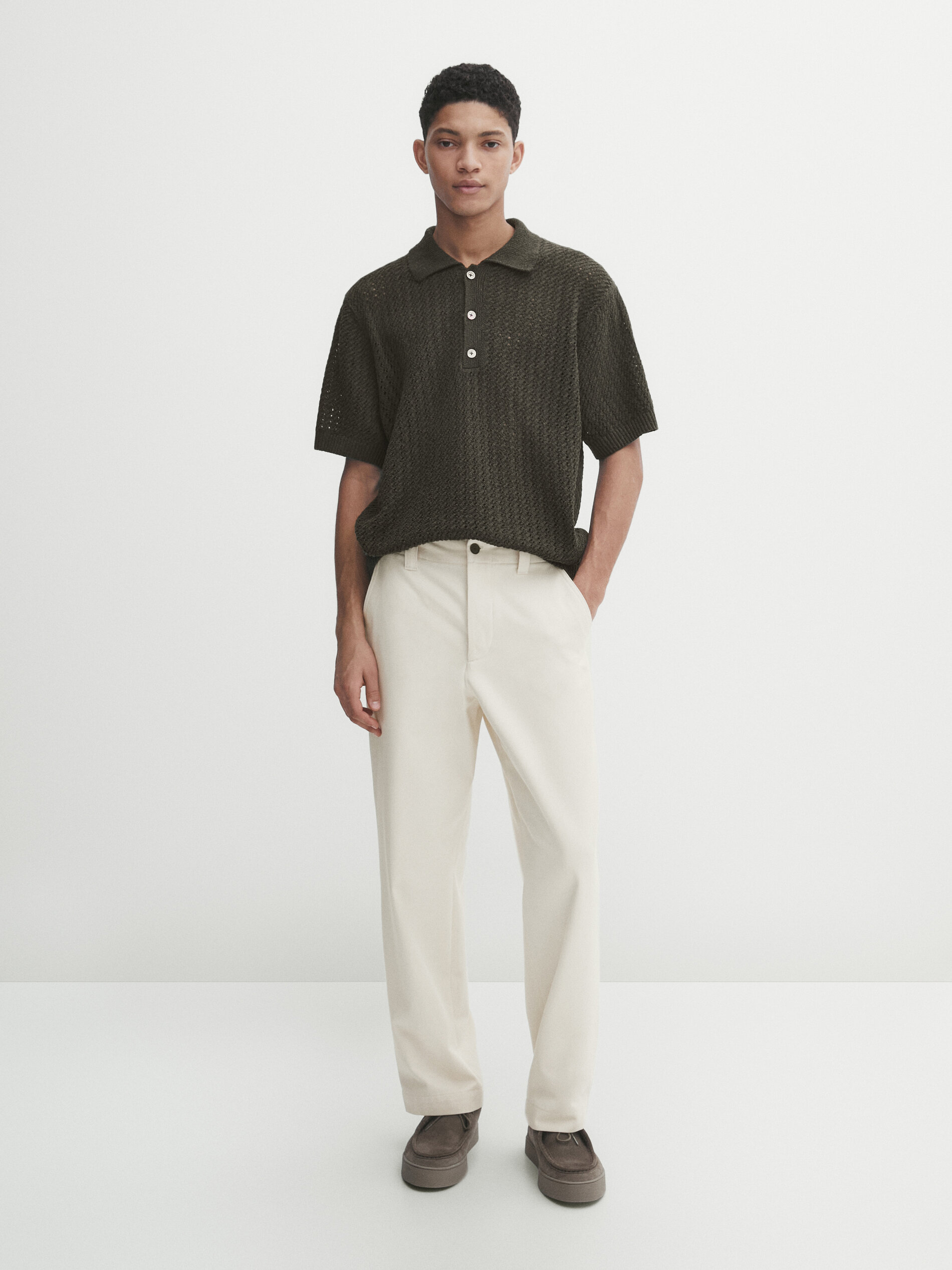 Massimo Dutti Open-knit Short Sleeve Polo Sweater In Khaki