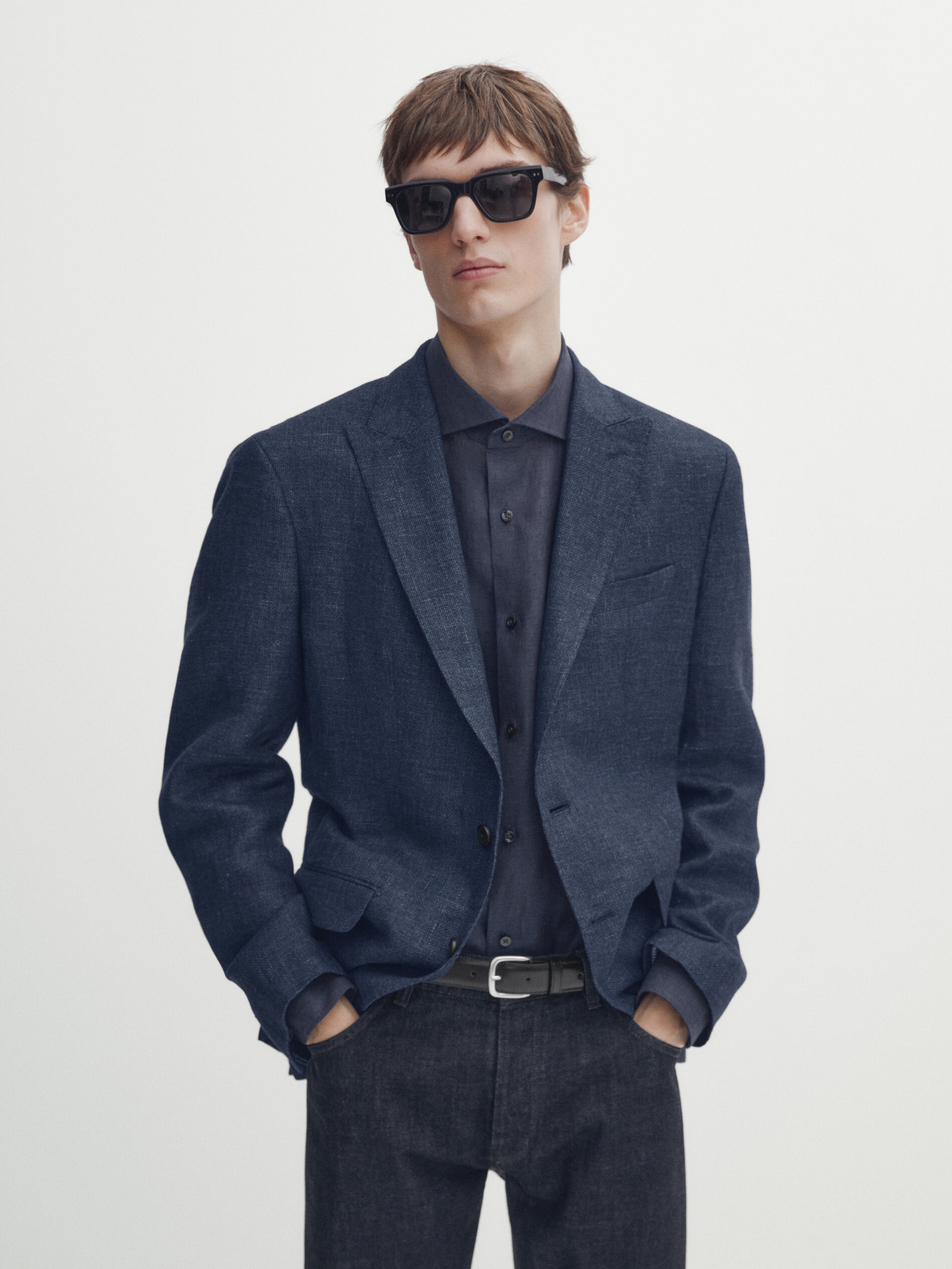 Blazer mit Strukturmuster aus Leinen und Baumwolle · Himmelblau 