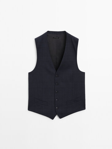 Blue checked wool blend suit waistcoat
