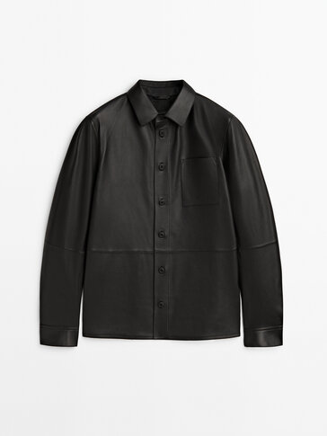 Black nappa leather shirt with chest pocket