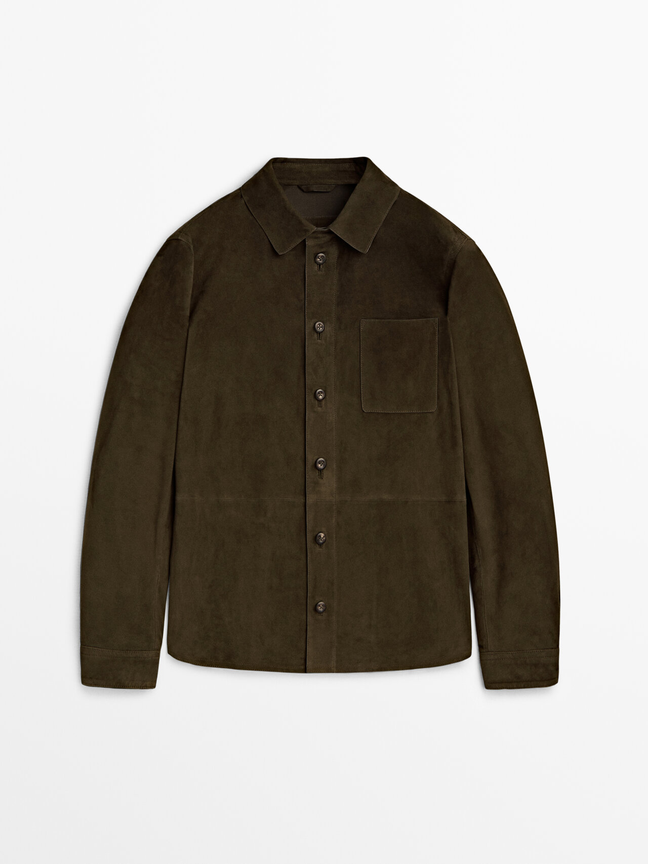 Massimo Dutti Suede Shirt With Chest Pocket In Dark Khaki