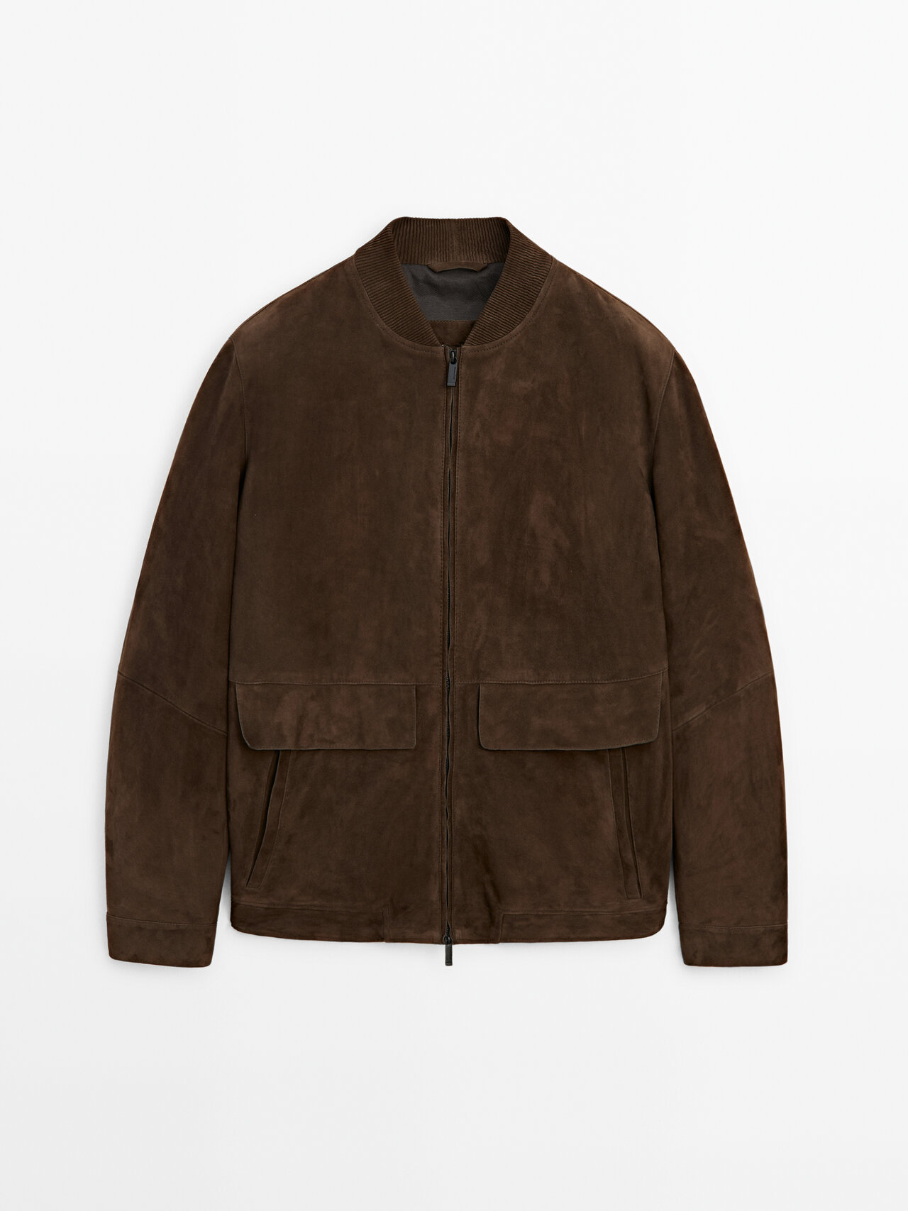 Massimo Dutti Suede Leather Bomber Jacket With Pockets In Chocolate