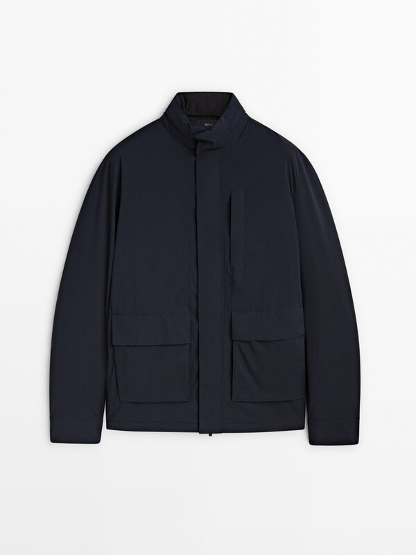 Concealed hood jacket with pockets · Navy Blue · Coats And Jackets ...