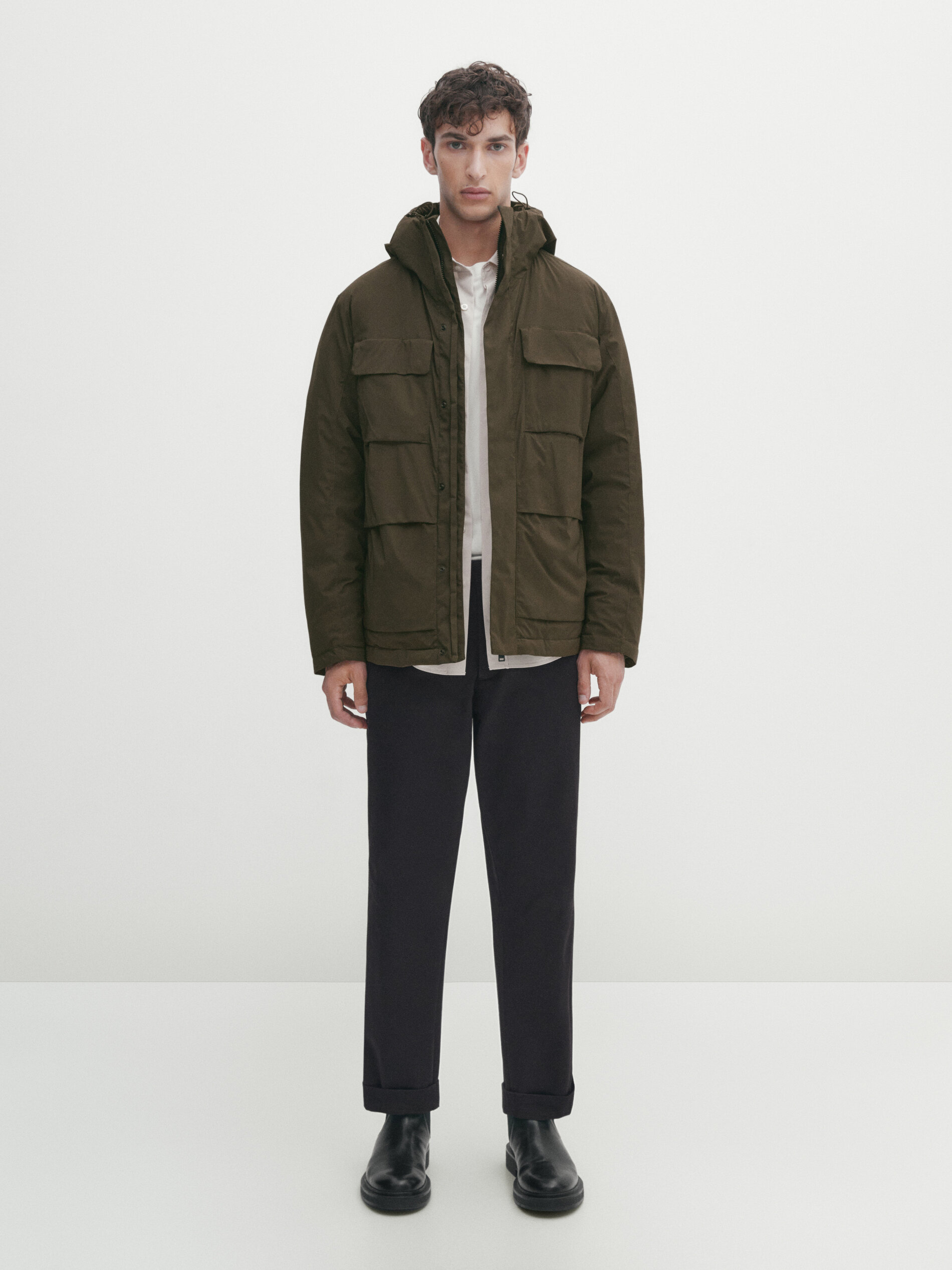 Massimo Dutti Hooded Down And Feather Puffer Jacket In Khaki