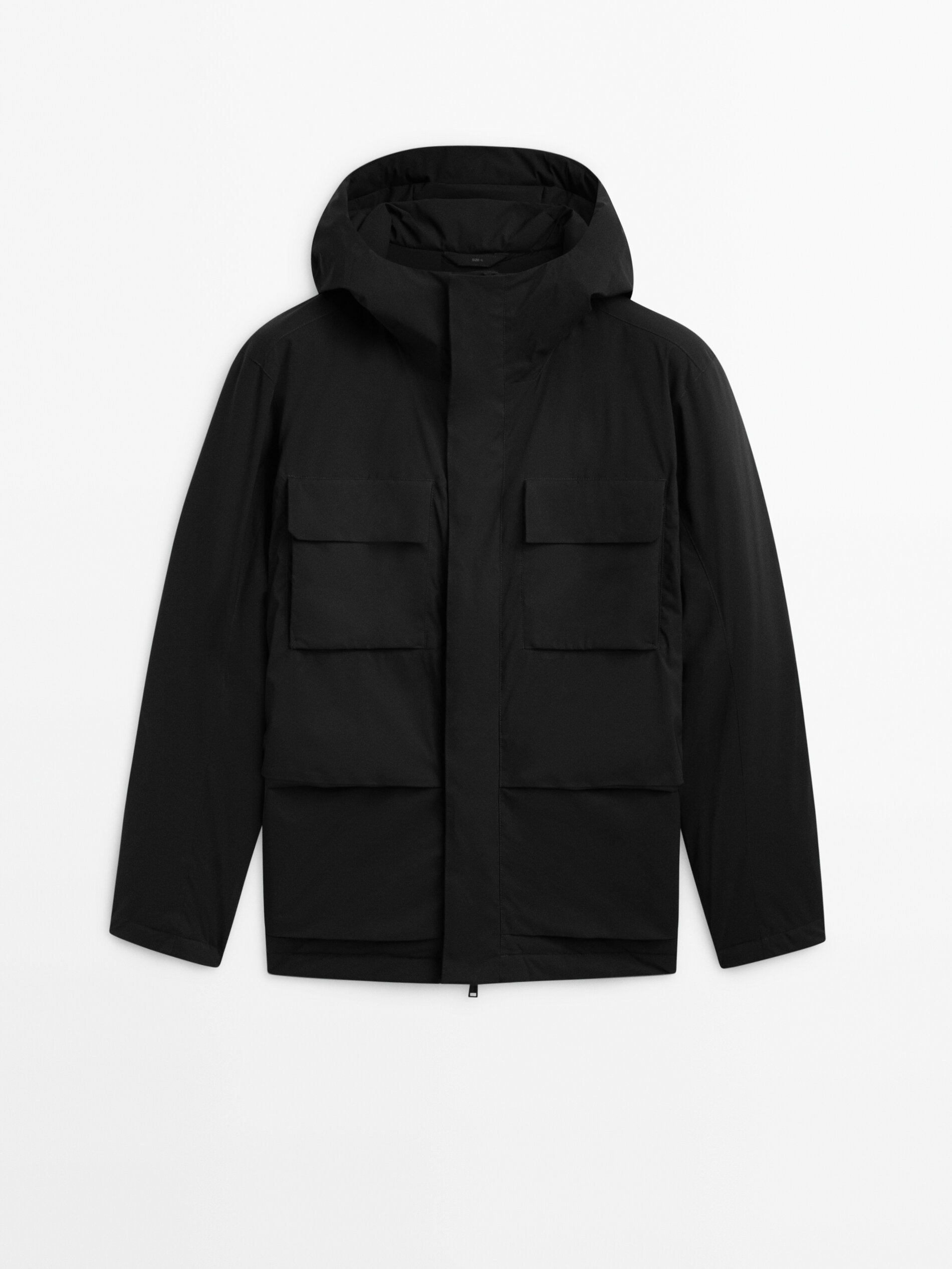 Hooded down and feather puffer jacket · Black, Khaki · Coats And 