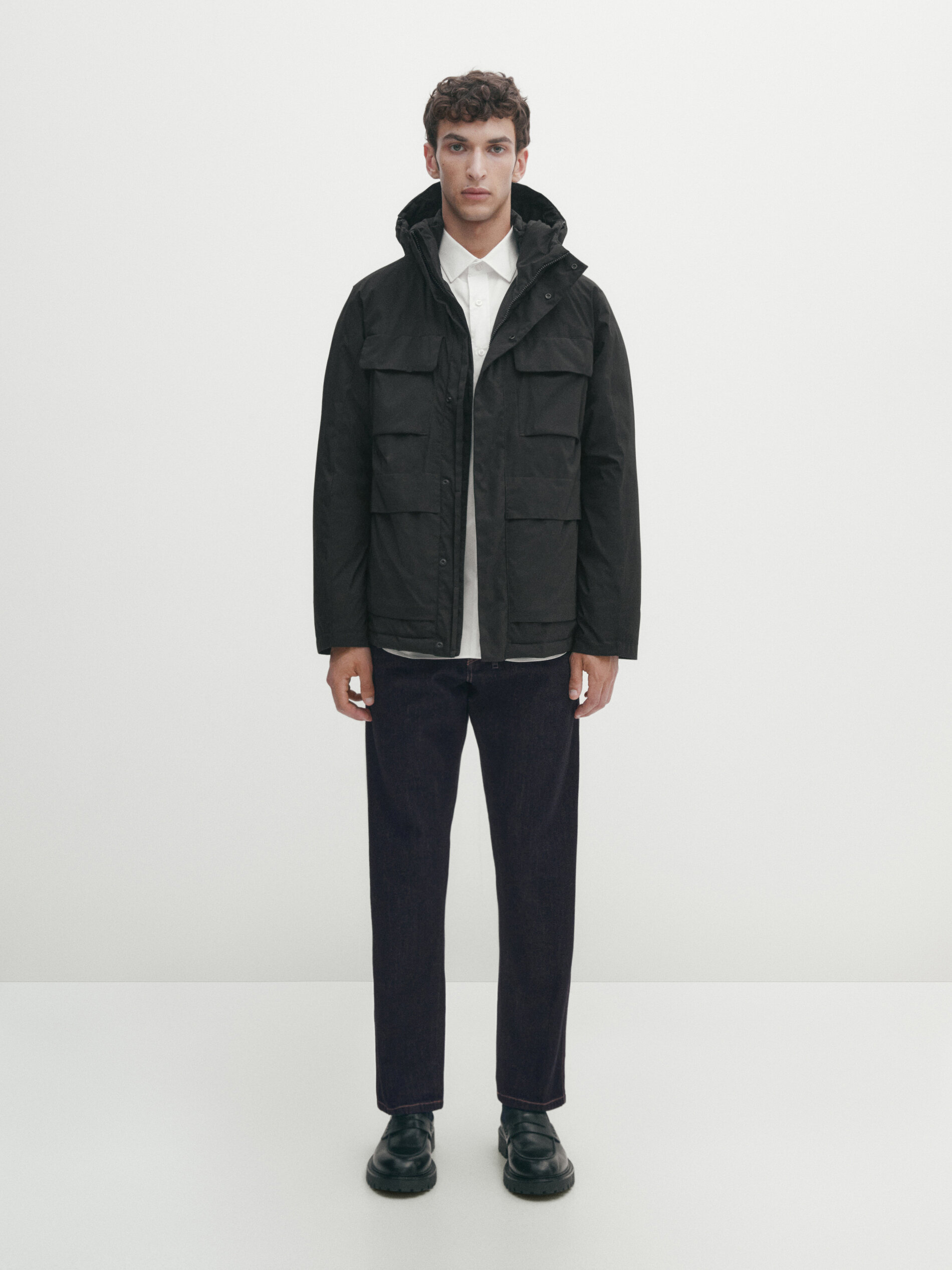 Massimo Dutti Hooded Down And Feather Puffer Jacket In Black