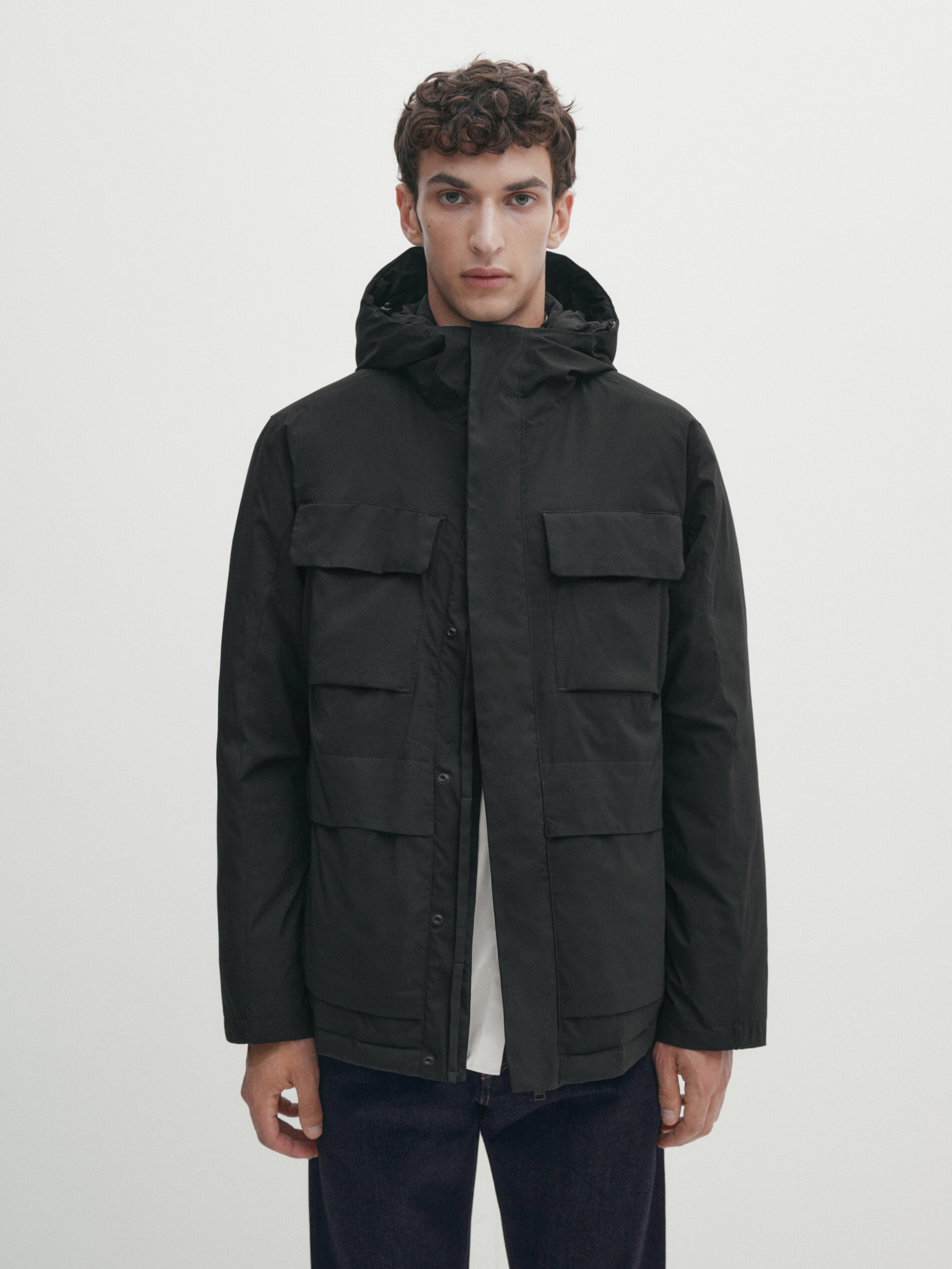 Hooded down and feather puffer jacket · Black, Khaki · Coats And