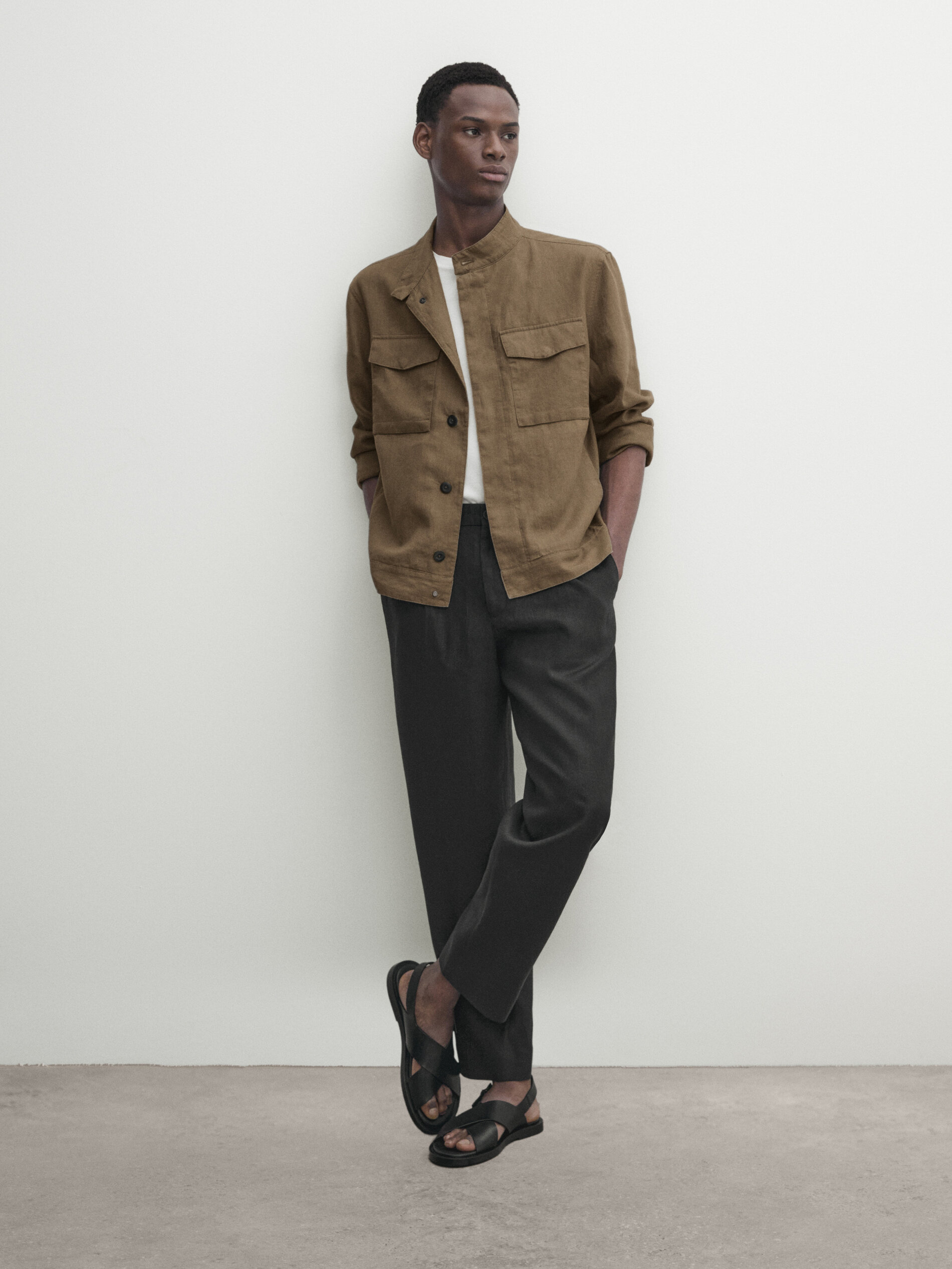 Massimo Dutti 100% Linen Jacket With Pockets In Helles Khaki