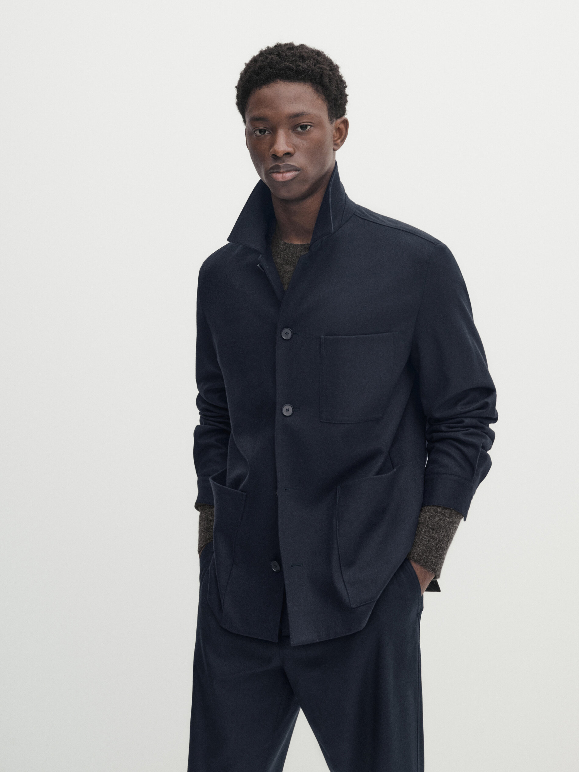 Wool blend flannel overshirt - Studio · Navy Blue · Dressy