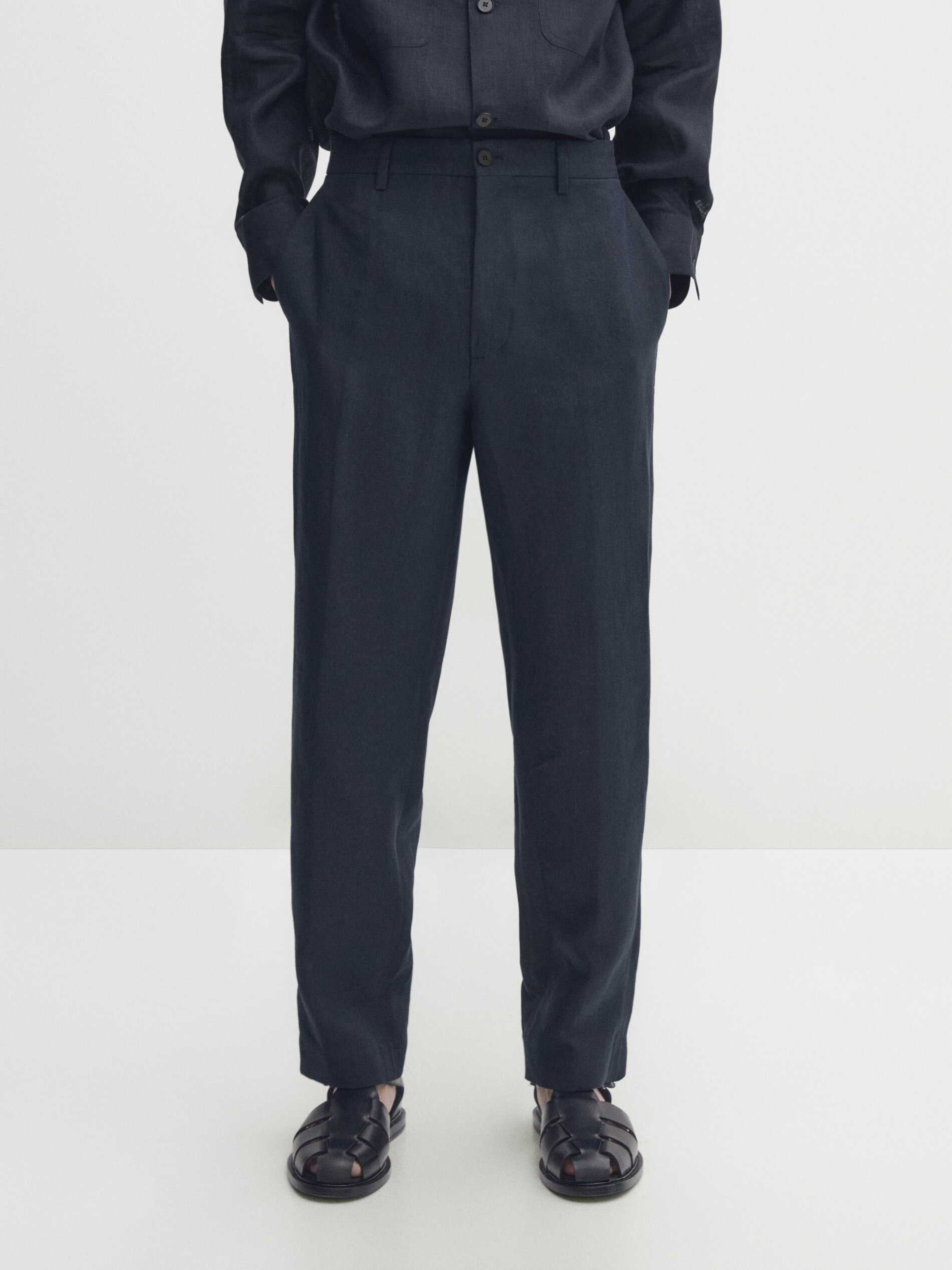 Straight-leg linen co-ord trousers - Studio · Navy Blue, Beige · Dressy | Massimo  Dutti