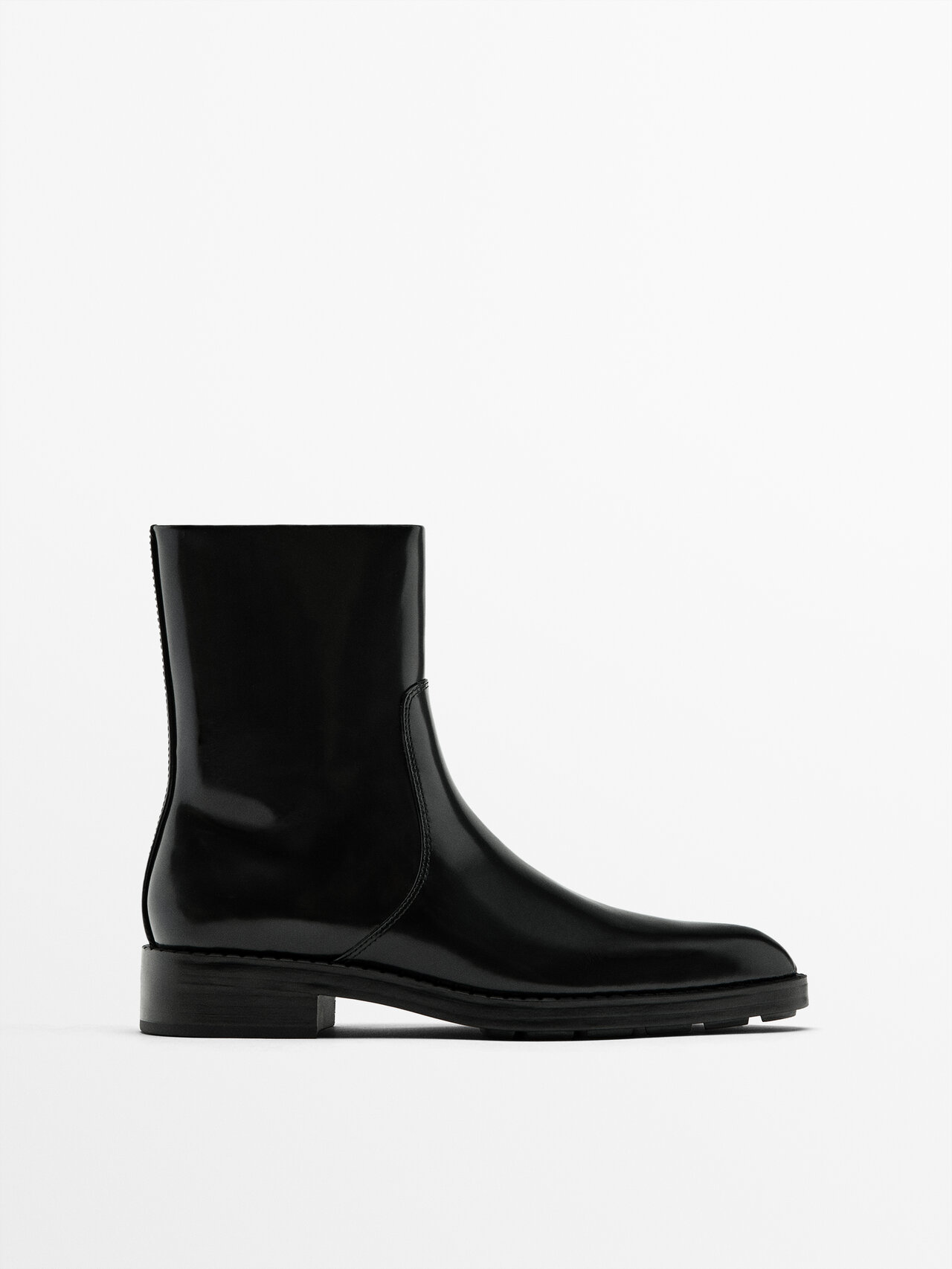 Massimo Dutti Flat Leather Ankle Boots In Black