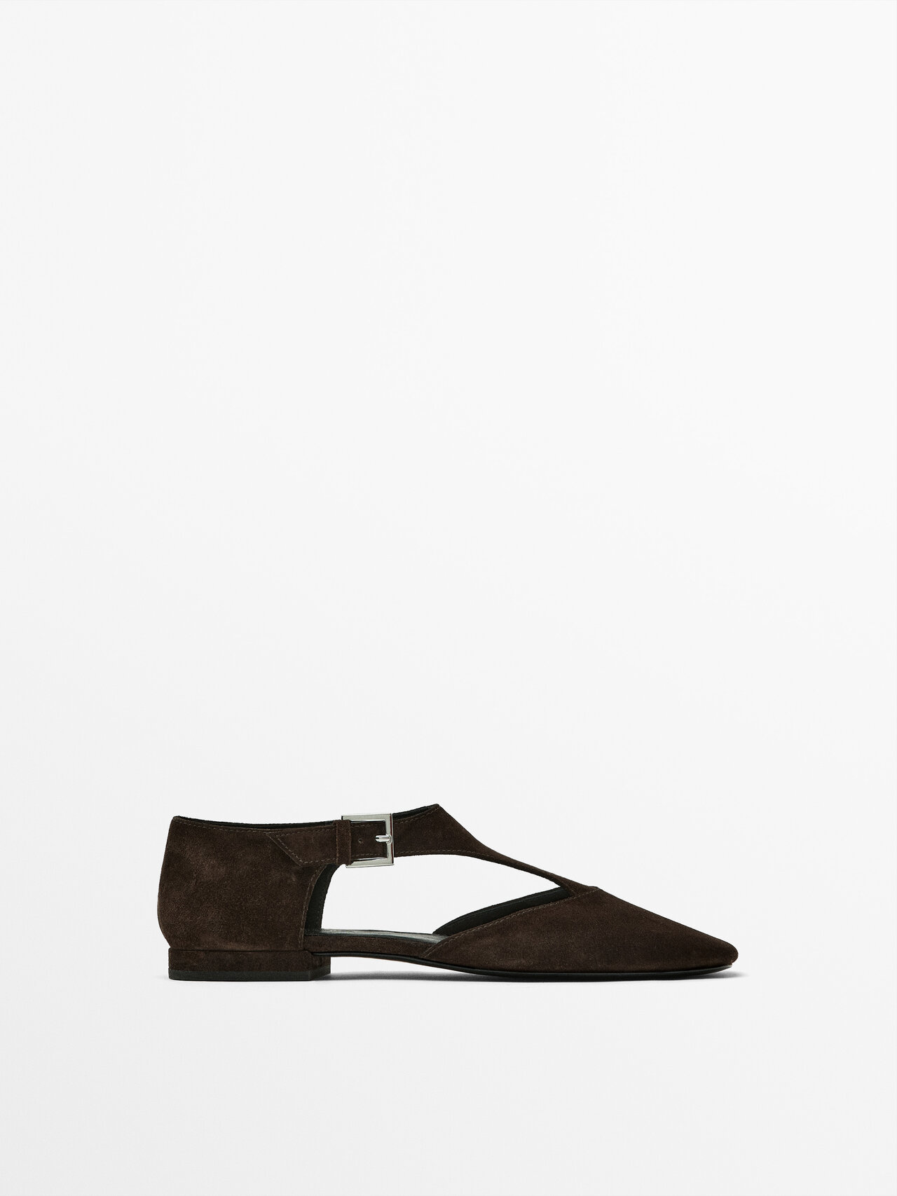 Massimo Dutti Split Suede Flat Shoes With Instep Piece In Brown