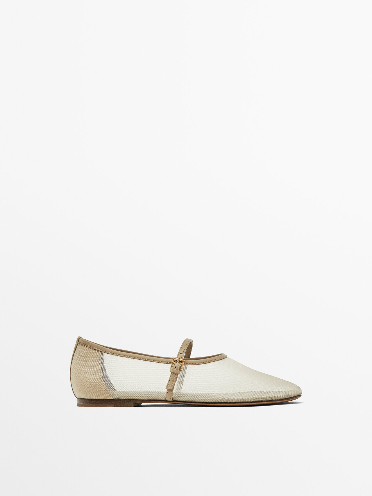 Massimo Dutti Mesh Ballet Flats With Strap Across The Instep In Cream