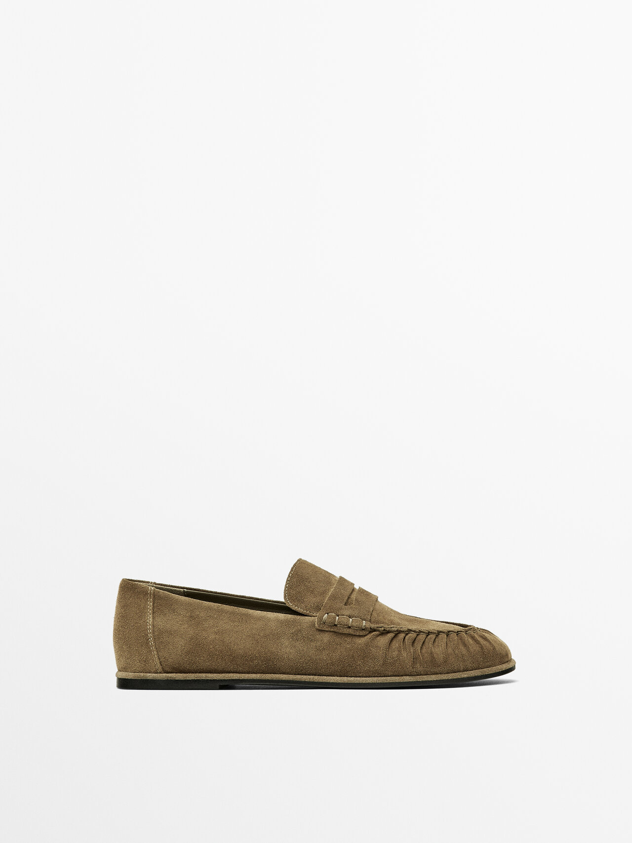 Massimo Dutti Gathered Split Leather Loafers In Taupe