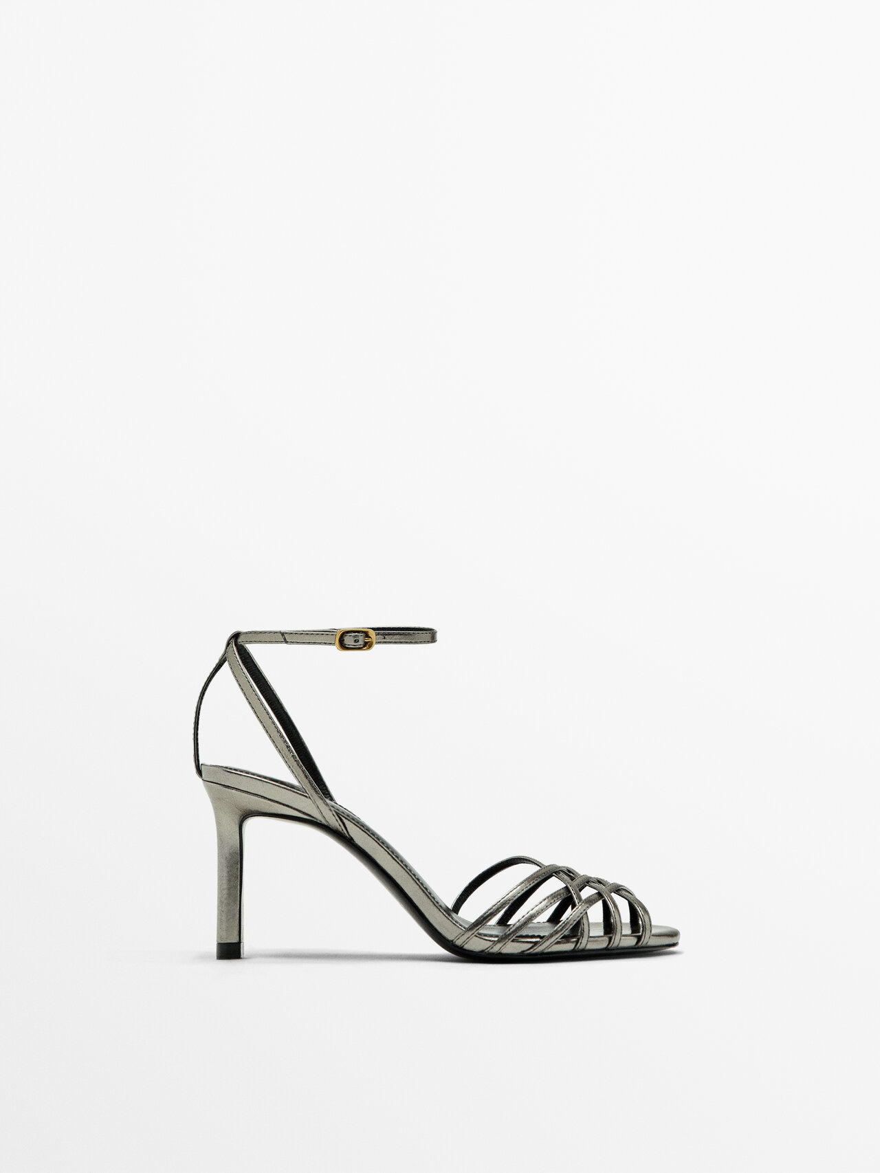Massimo Dutti Heeled Cage Sandals In Silver