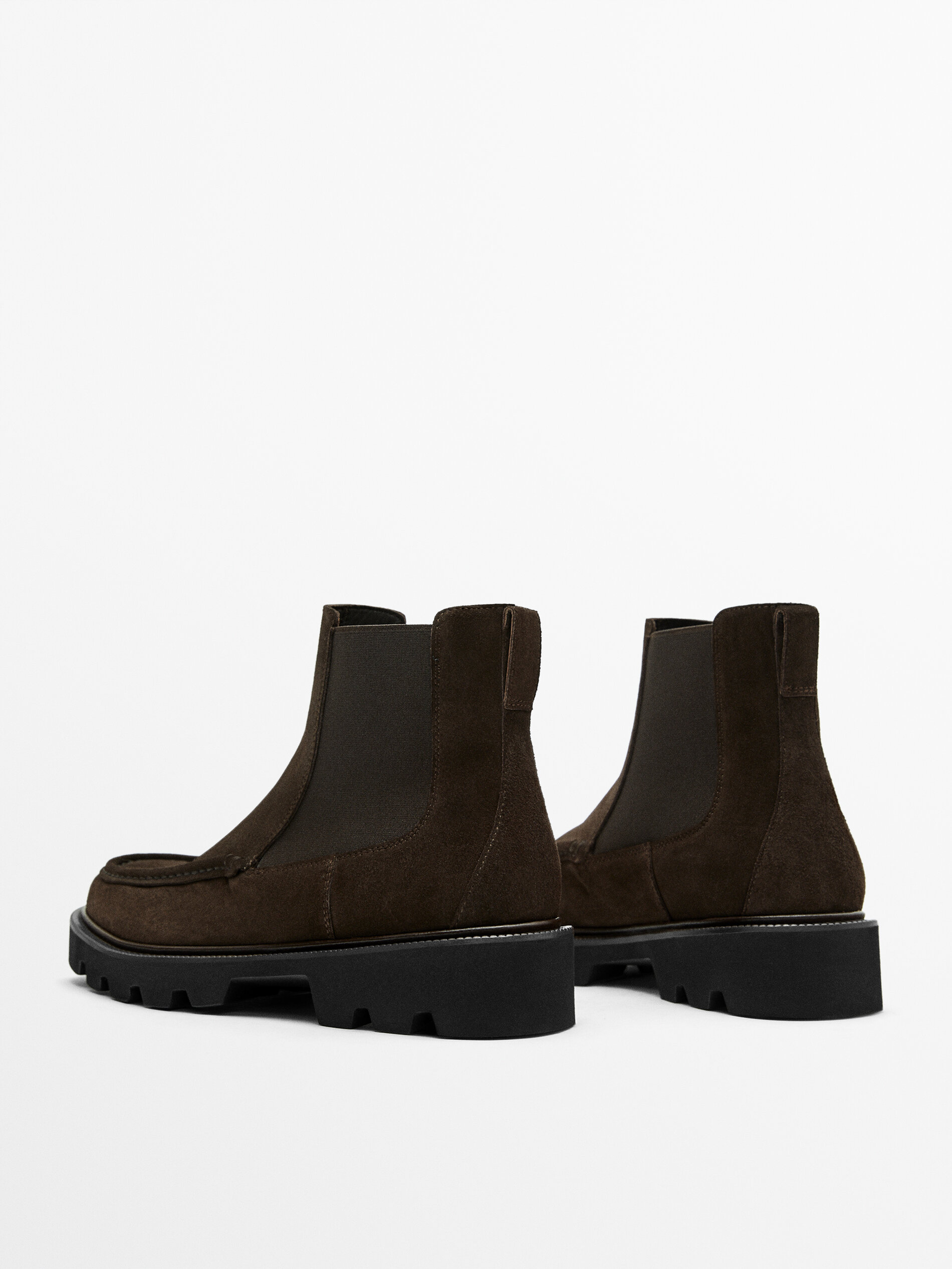 Brown split suede Chelsea boots with moc toe detail