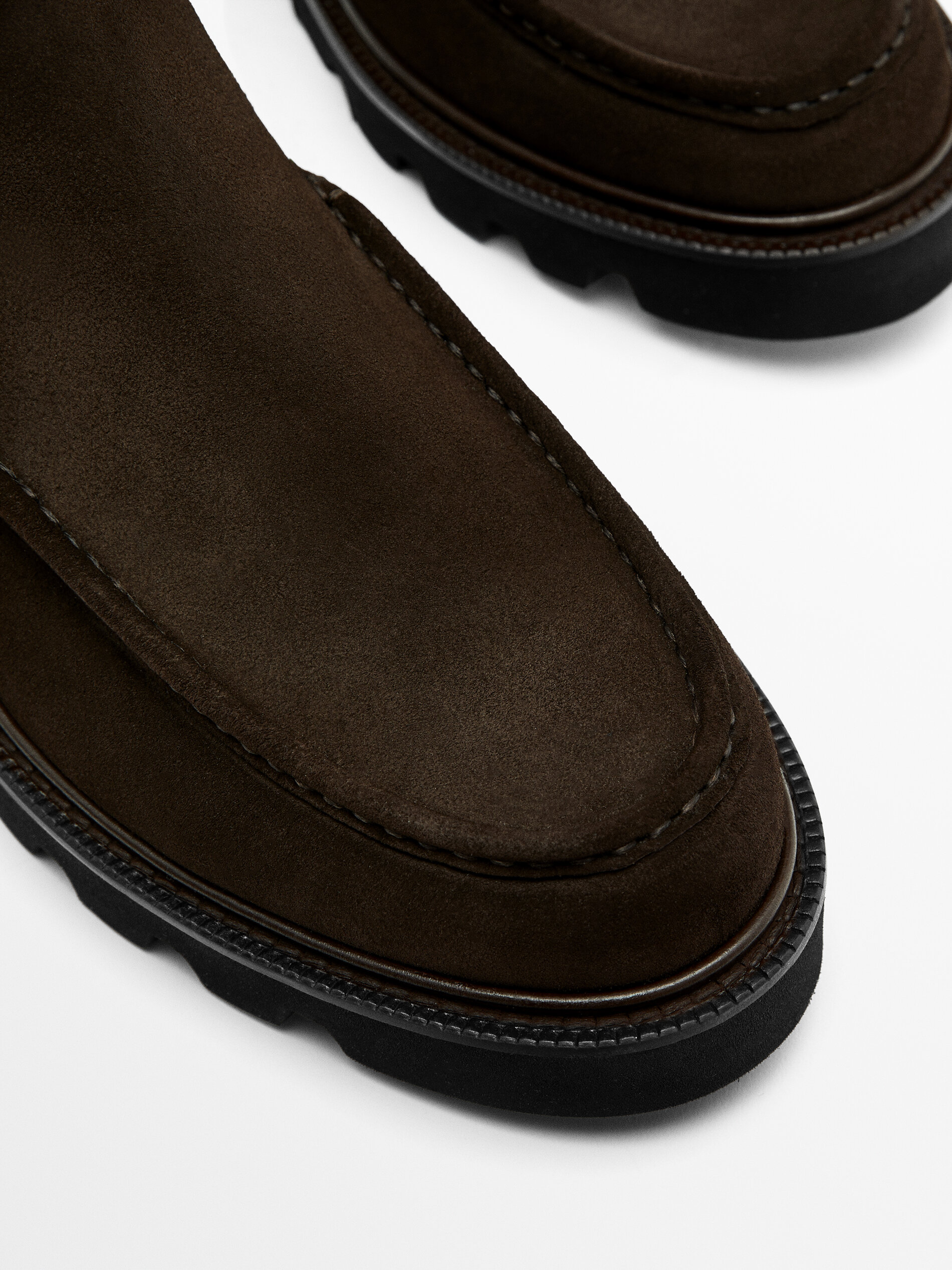 Brown split suede Chelsea boots with moc toe detail · Brown