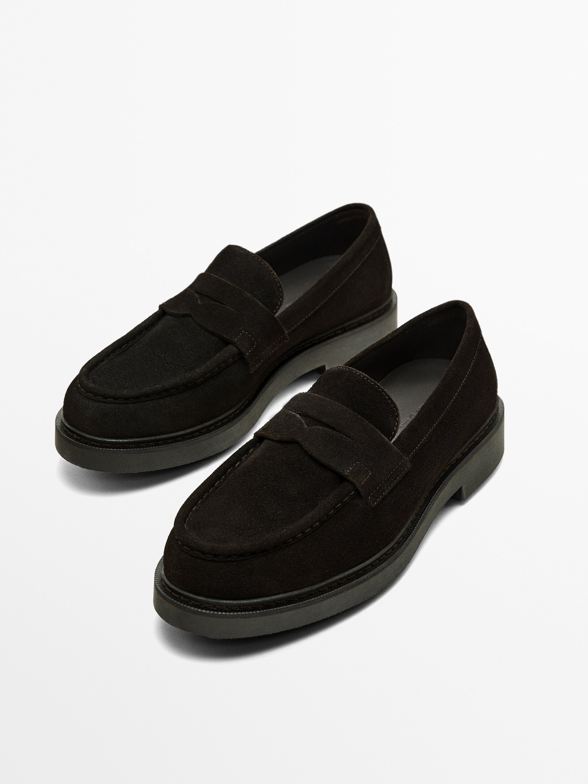 Dark brown moc toe split suede loafers · Brown · Shoes | Massimo Dutti