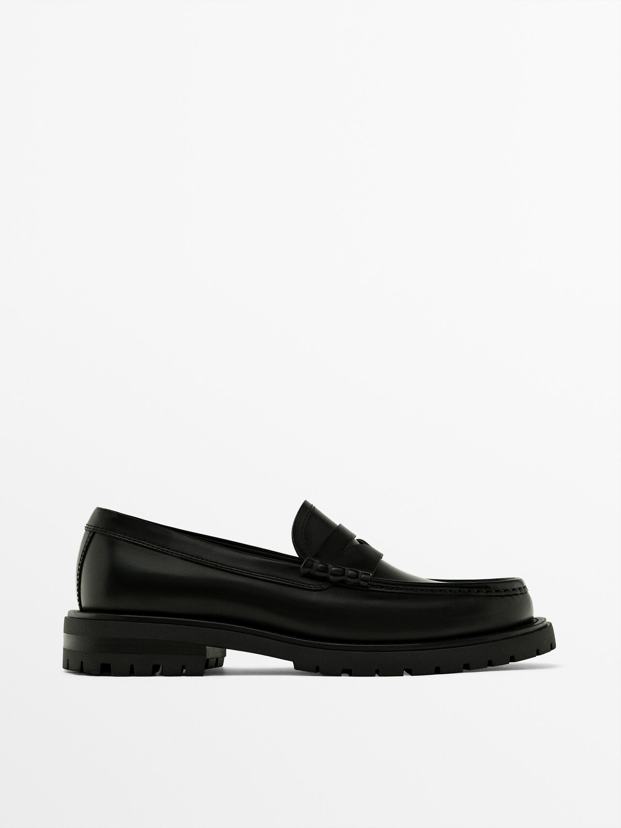 Massimo Dutti Black Track Sole Loafers With Penny Strap In Black