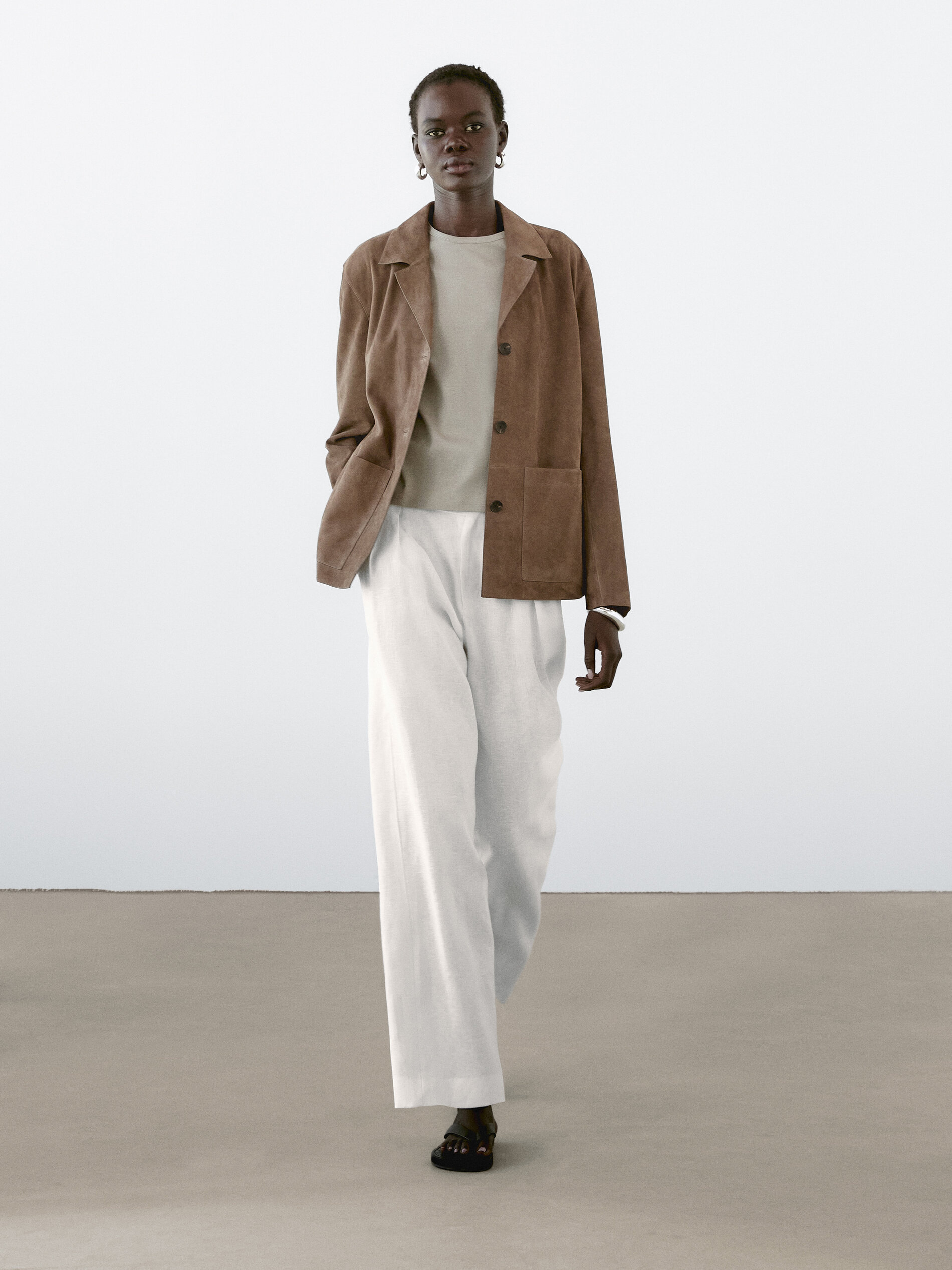 Blazer Fluide En Cuir Finition Daim - Marron Taupe - Xs - Massimo Dutti - Femme