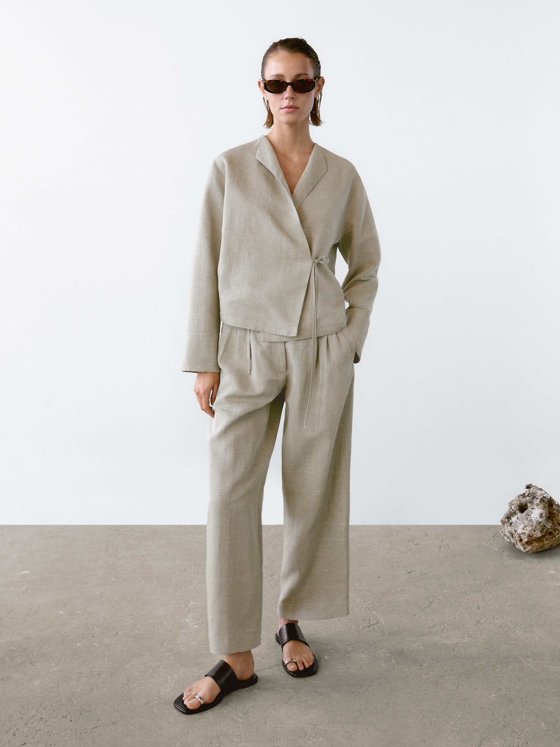 Pantalon Lin Imprimé Carreaux - Beige - 36 - Massimo Dutti - Femme