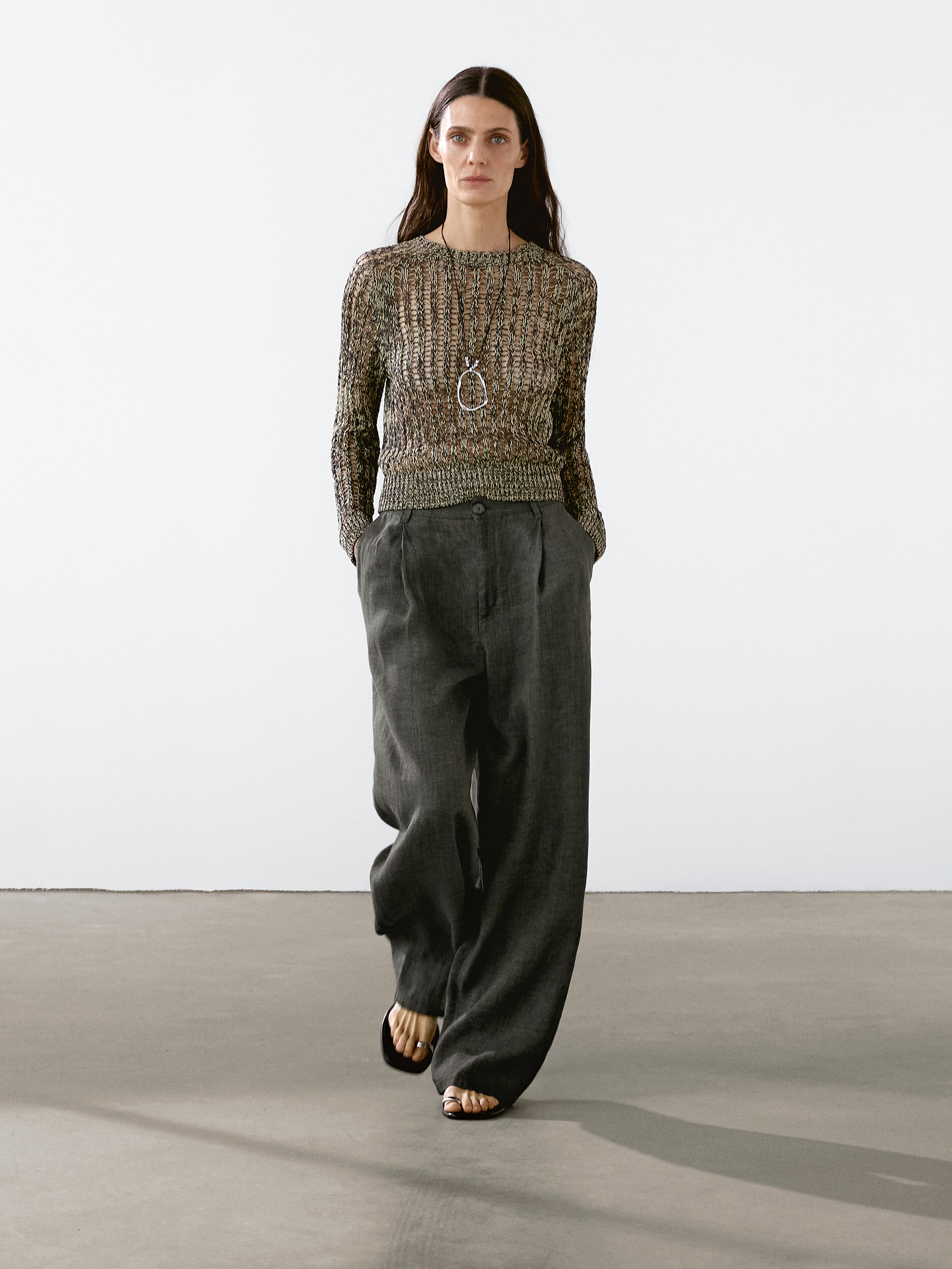 Pantaloni Wide Leg 100% Lino - Verde Grigiastro - 40 (It 44) - Massimo Dutti - Femminile
