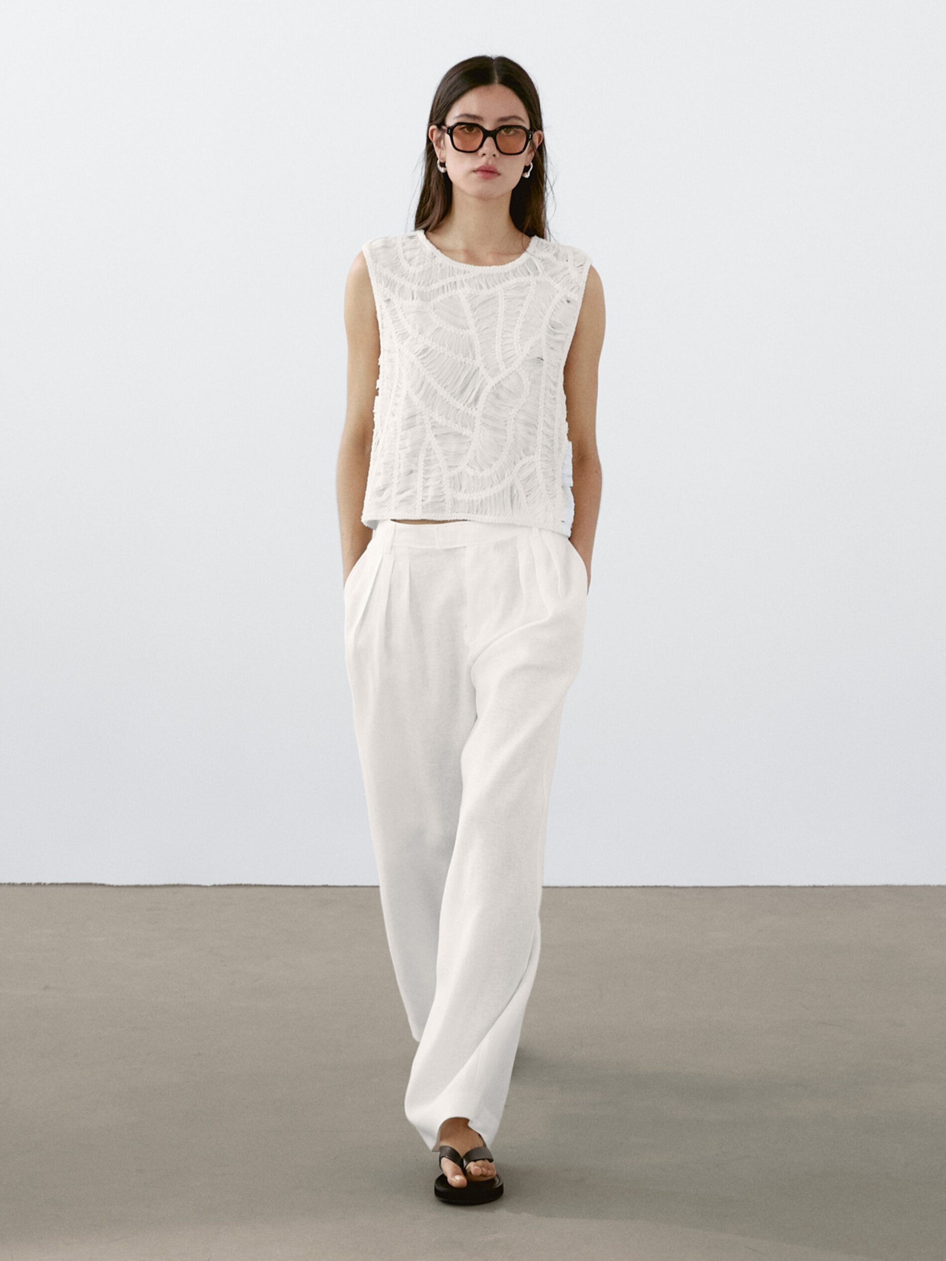 Pantalon Triple Pince 100 % Lin - Blanc - 40 - Massimo Dutti - Femme