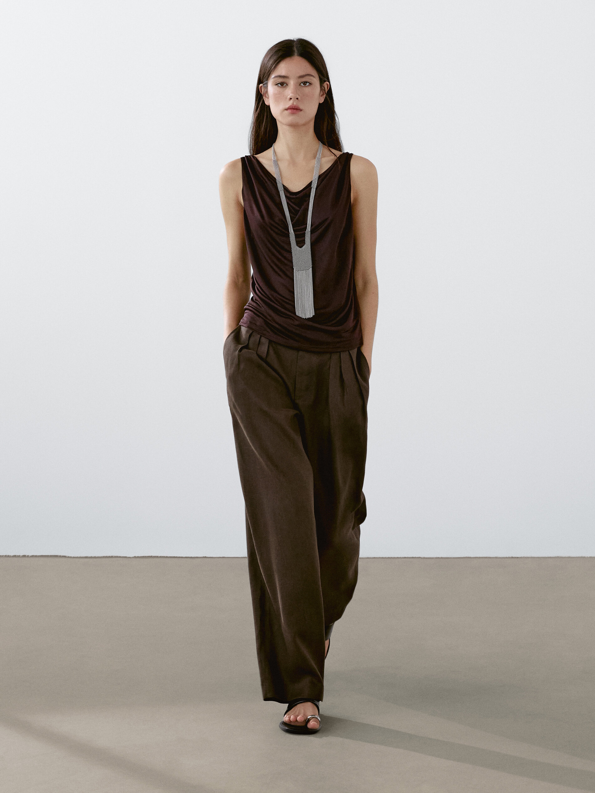 Pantalon Triple Pince 100 % Lin - Chocolat - 40 - Massimo Dutti - Femme