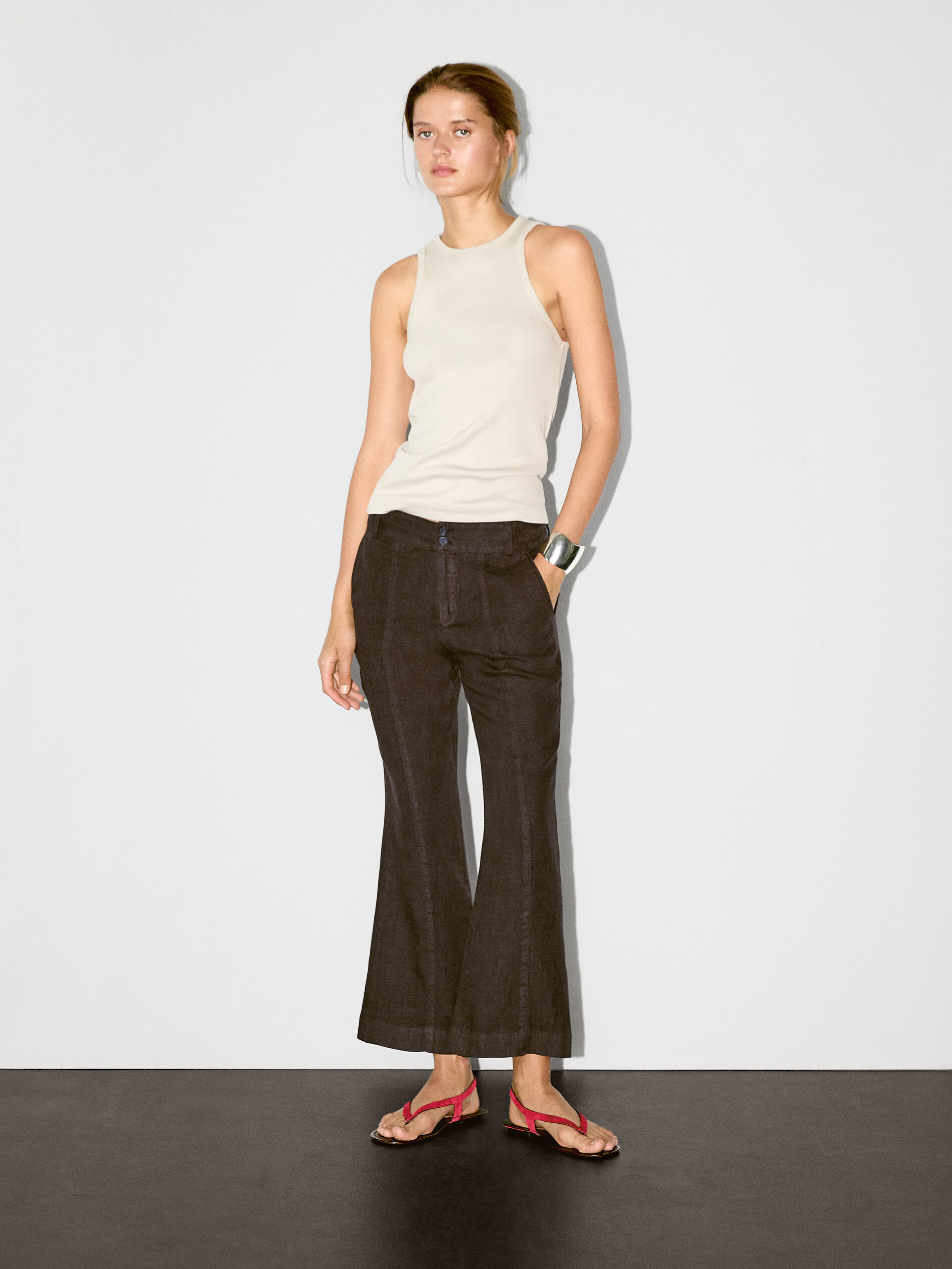 Pantalon Kick Flare 100 % Lin - Chocolat - 34 - Massimo Dutti - Femme
