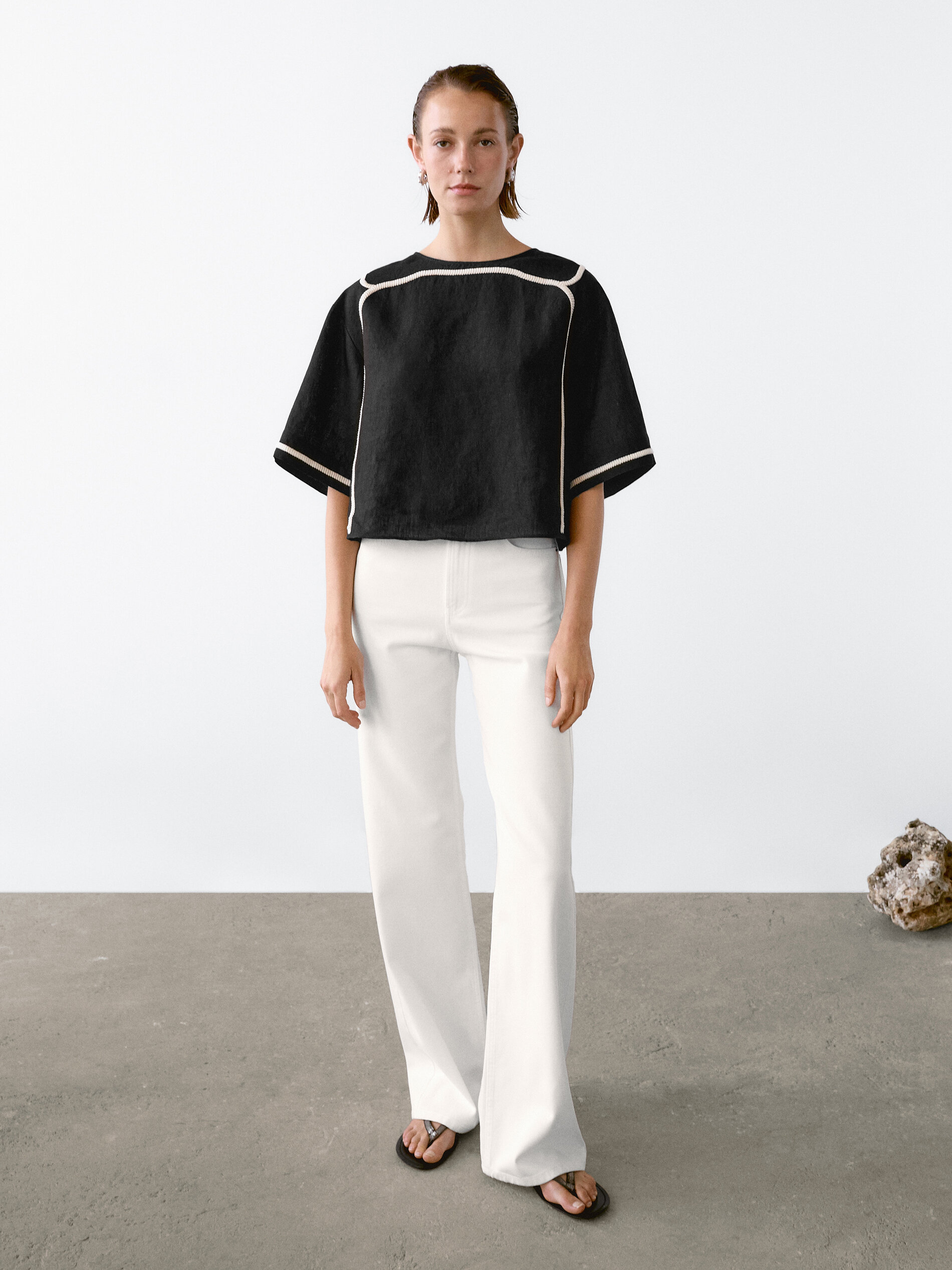 Blouse Avec Broderie Contrastante - Noir - M - Massimo Dutti - Femme