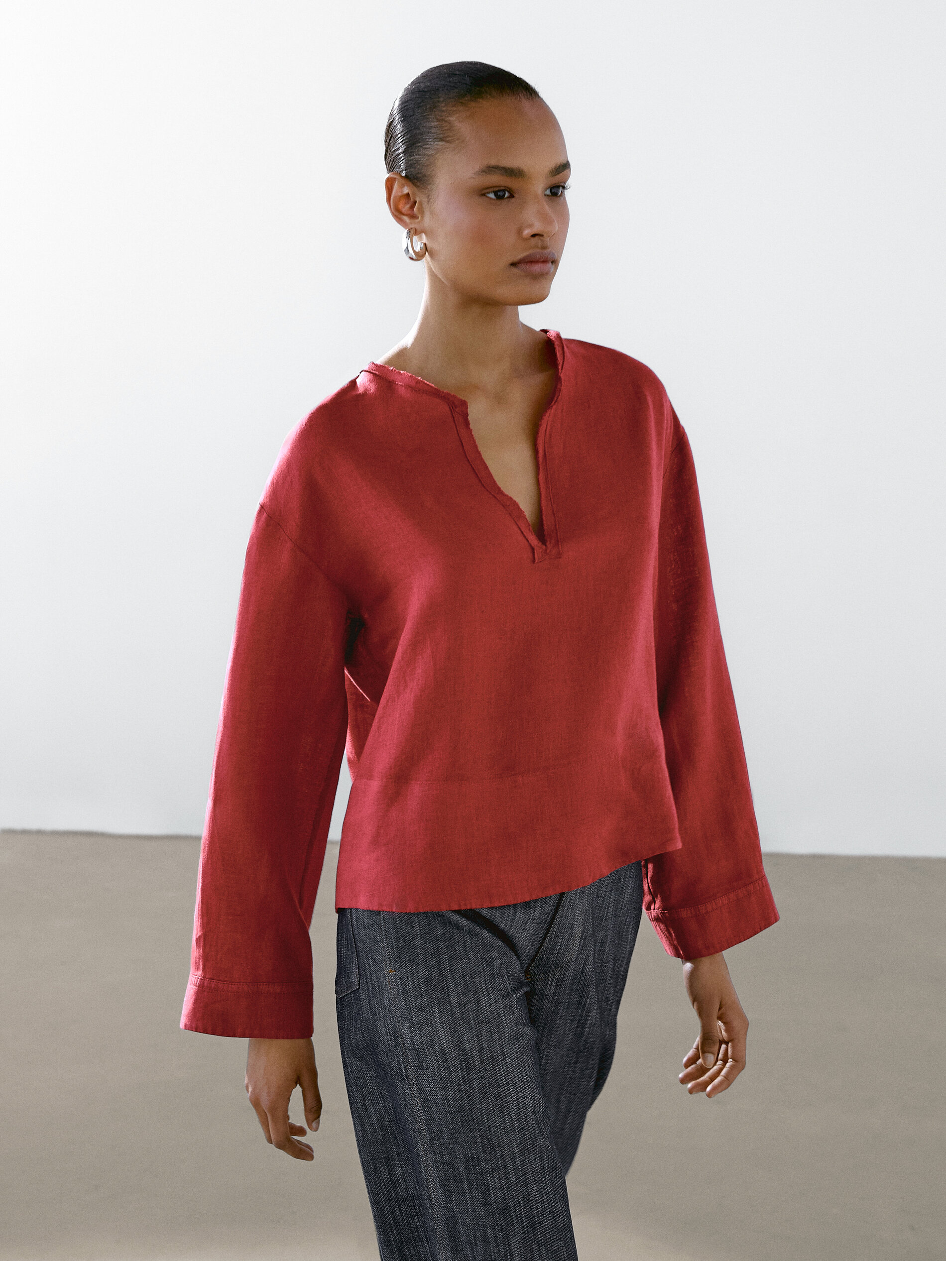 Chemisier À Col Officier Ouvert 100 % Lin - Rouge - M - Massimo Dutti - Femme