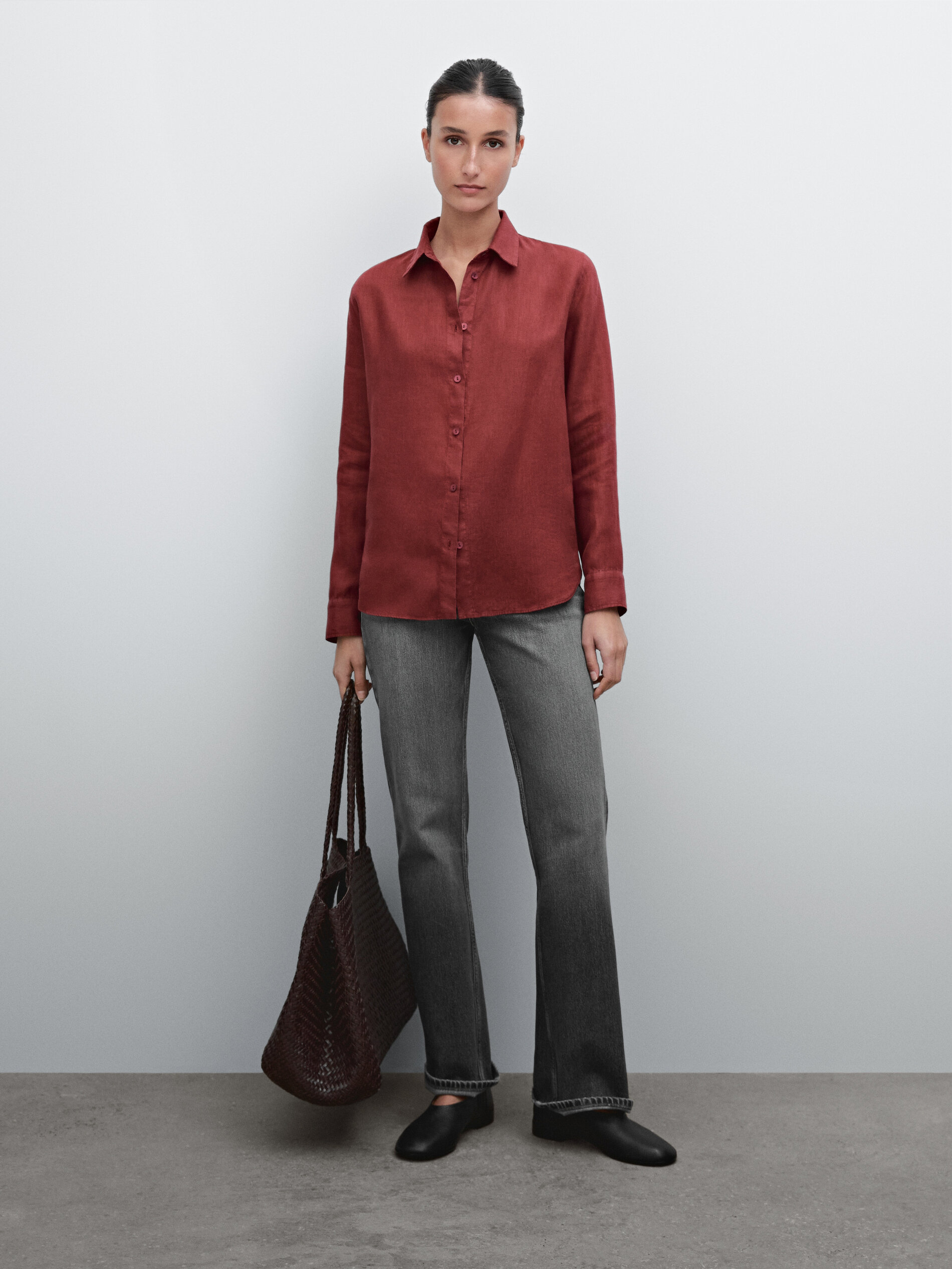 Chemisier Fluide 100 % Lin - Rouge Sombre - 40 - Massimo Dutti - Femme