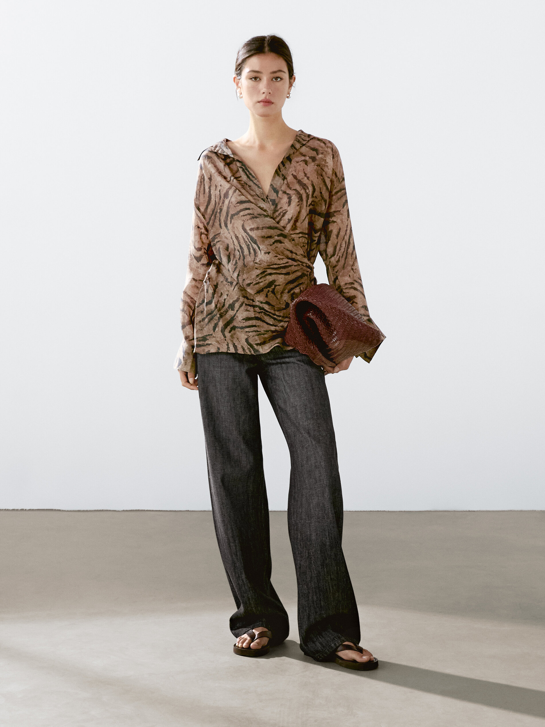 Kimono Fluide Bouton Bijou Jacquard - Chocolat - S - Massimo Dutti - Femme