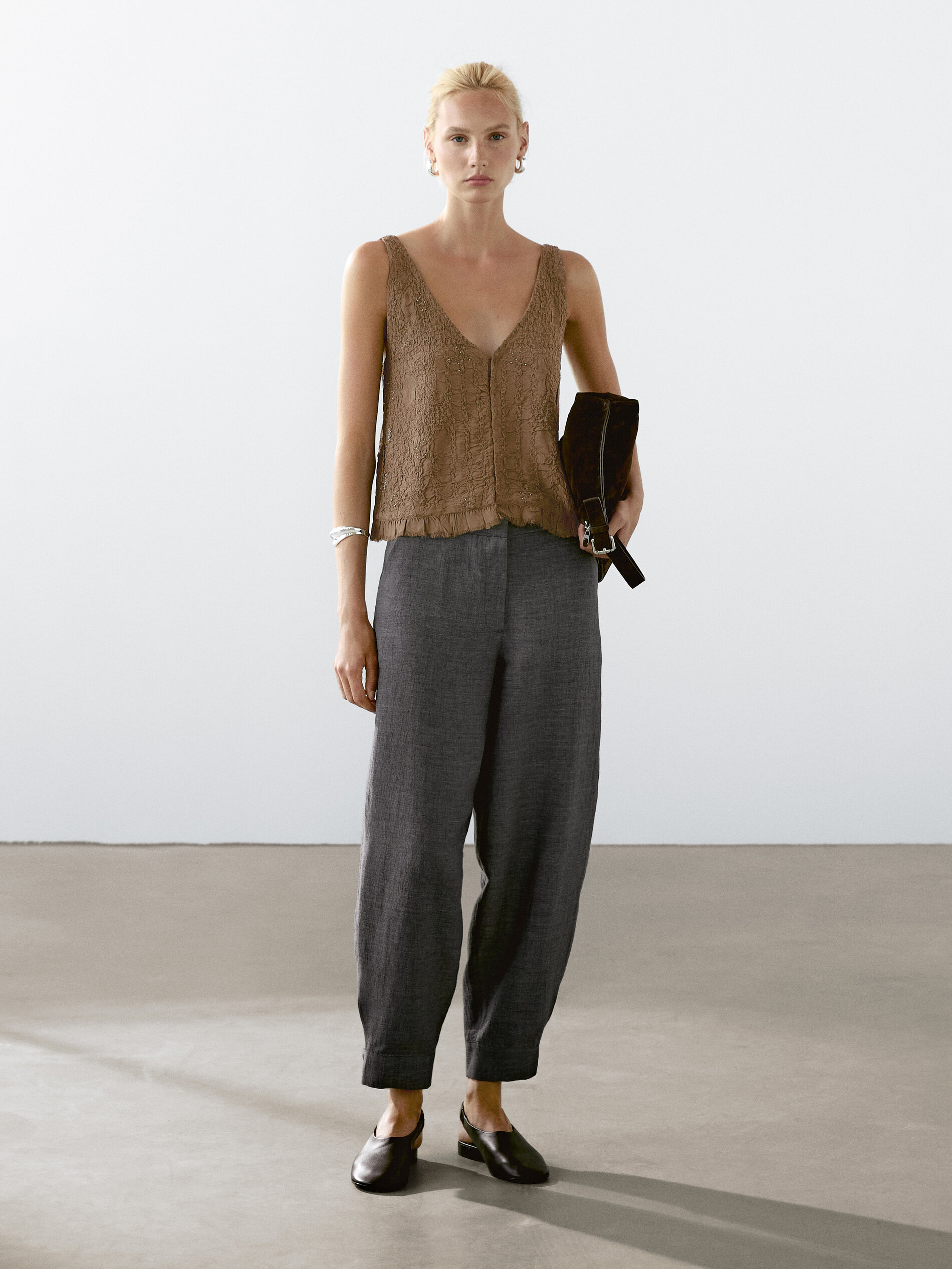 Top Texturé À Bretelles - Kaki Clair - L - Massimo Dutti - Femme