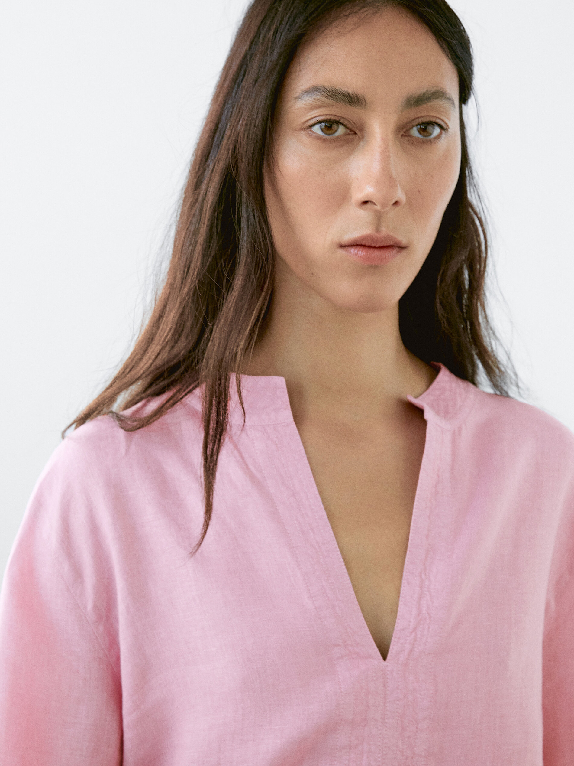 Chemisier Manches Longues 100 % Lin - Rose Délavé - S - Massimo Dutti - Femme