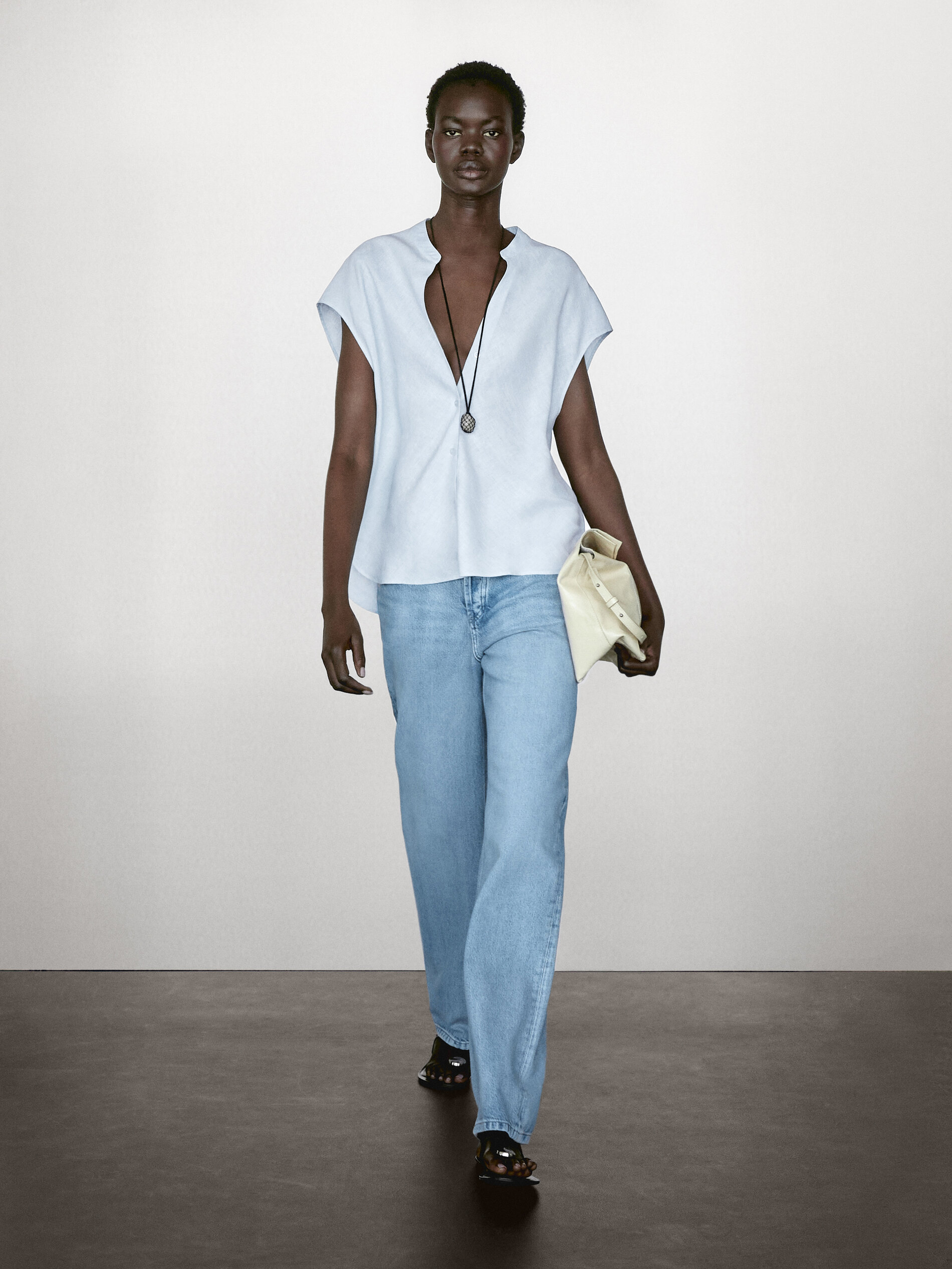 Blouse Fluide Col Ouvert 100 % Lin - Bleu - S - Massimo Dutti - Femme