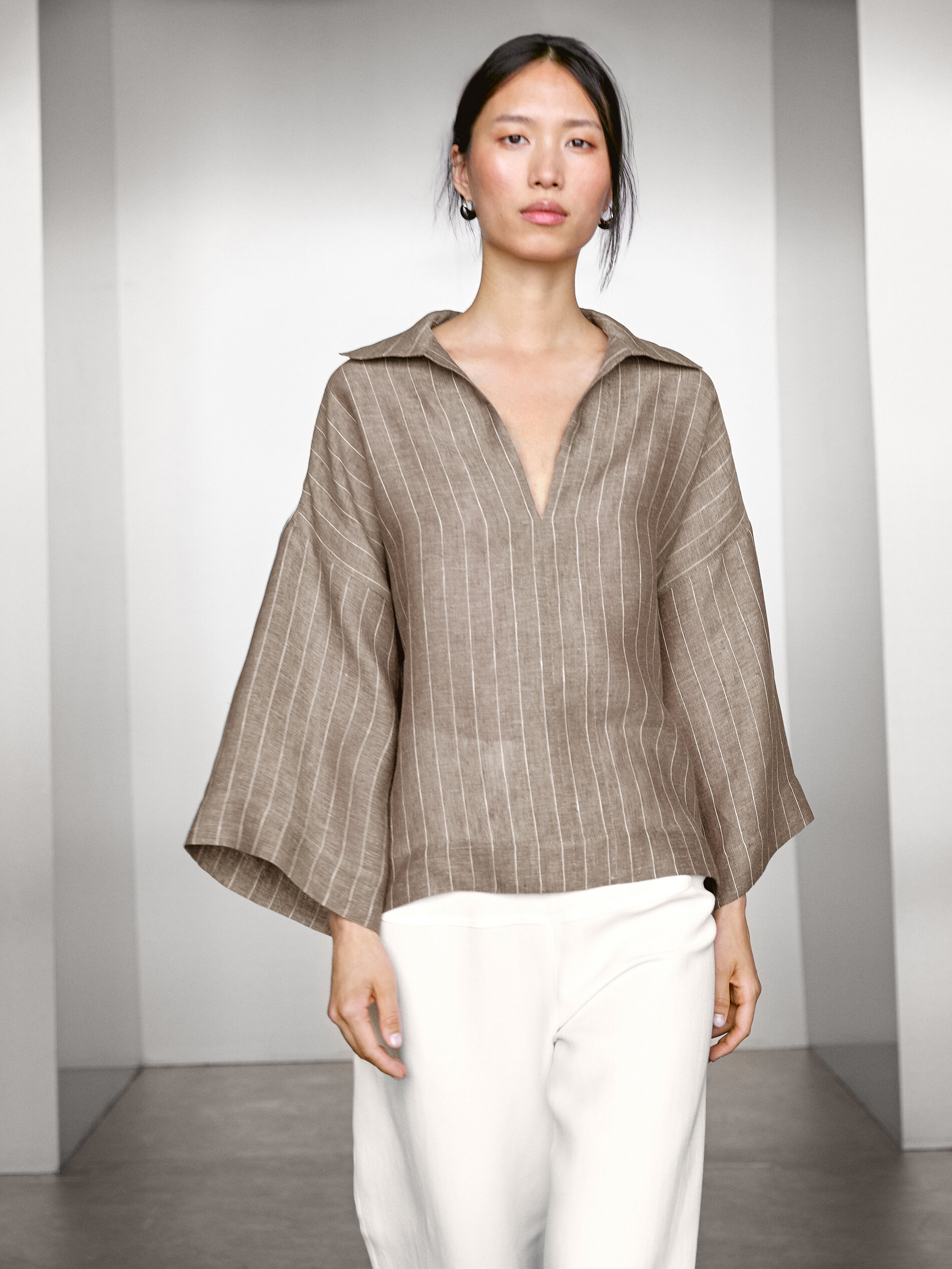 Chemisier À Rayures Col Ouvert Et Lin - Marron Taupe - L - Massimo Dutti - Femme