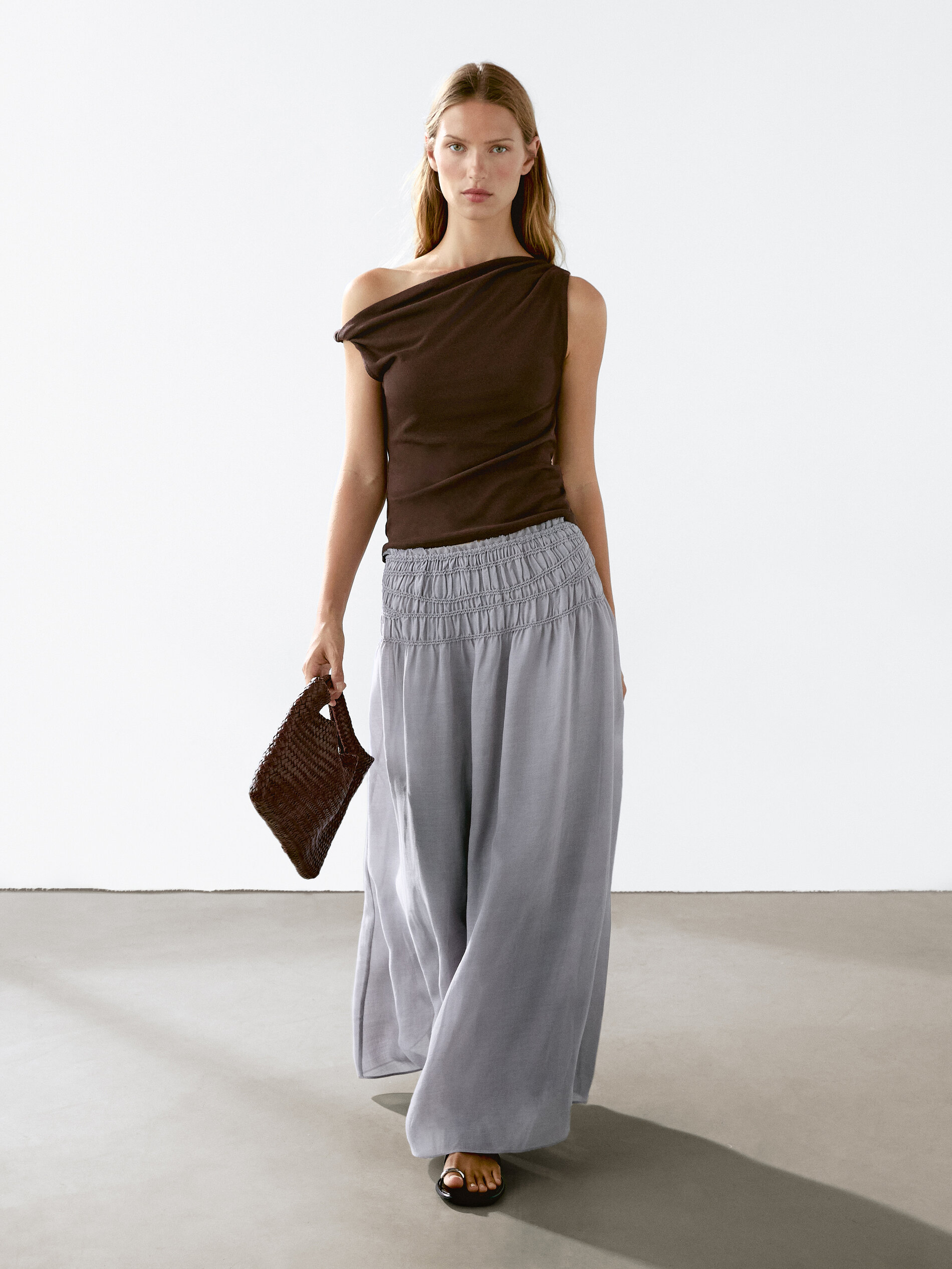 Saia Comprida Fluida Com Pormenor De Franzidos - Azul - M - Massimo Dutti - Mulher