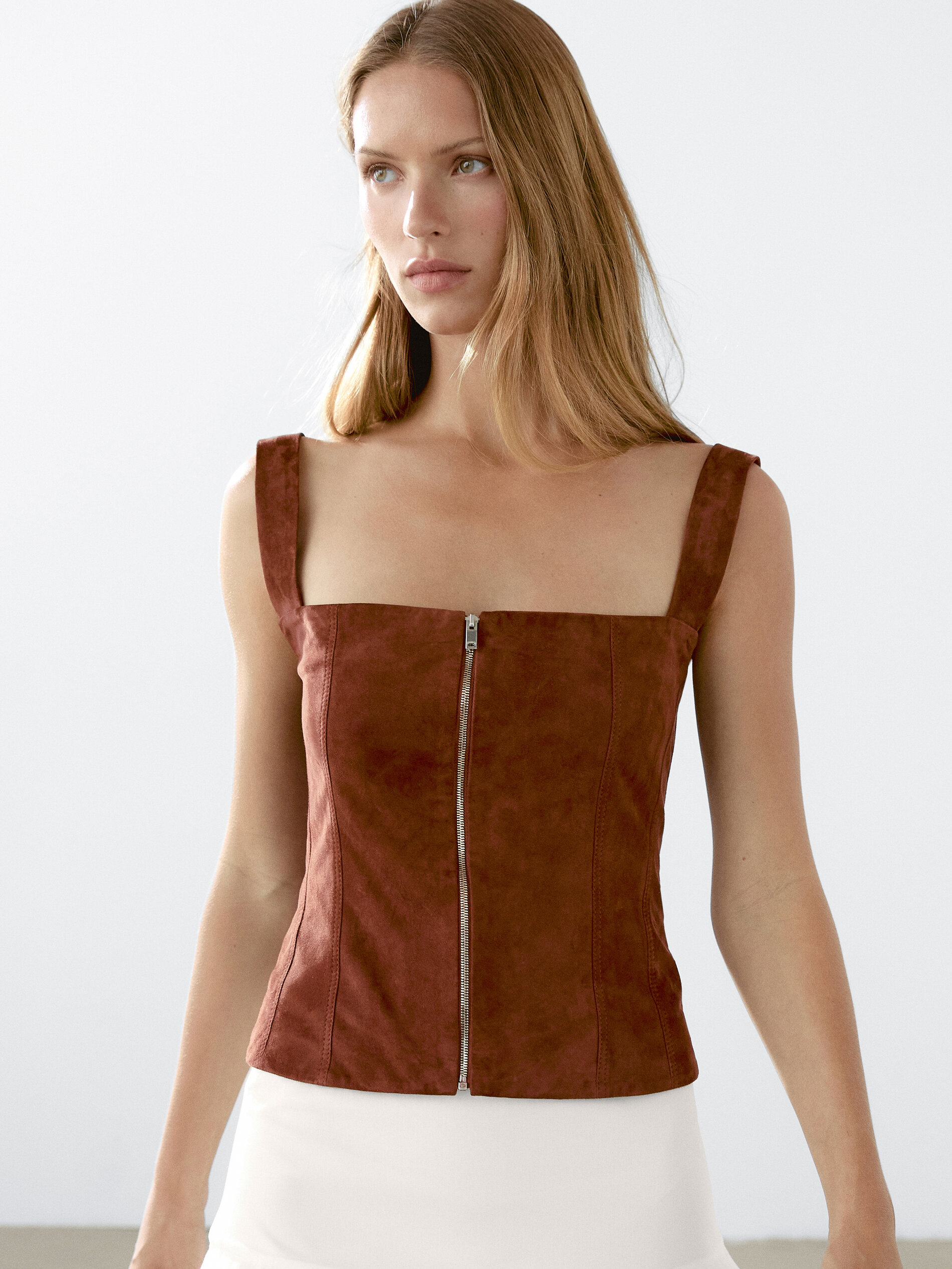Top Fermeture Éclair En Cuir Et Daim - Tuile - S - Massimo Dutti - Femme