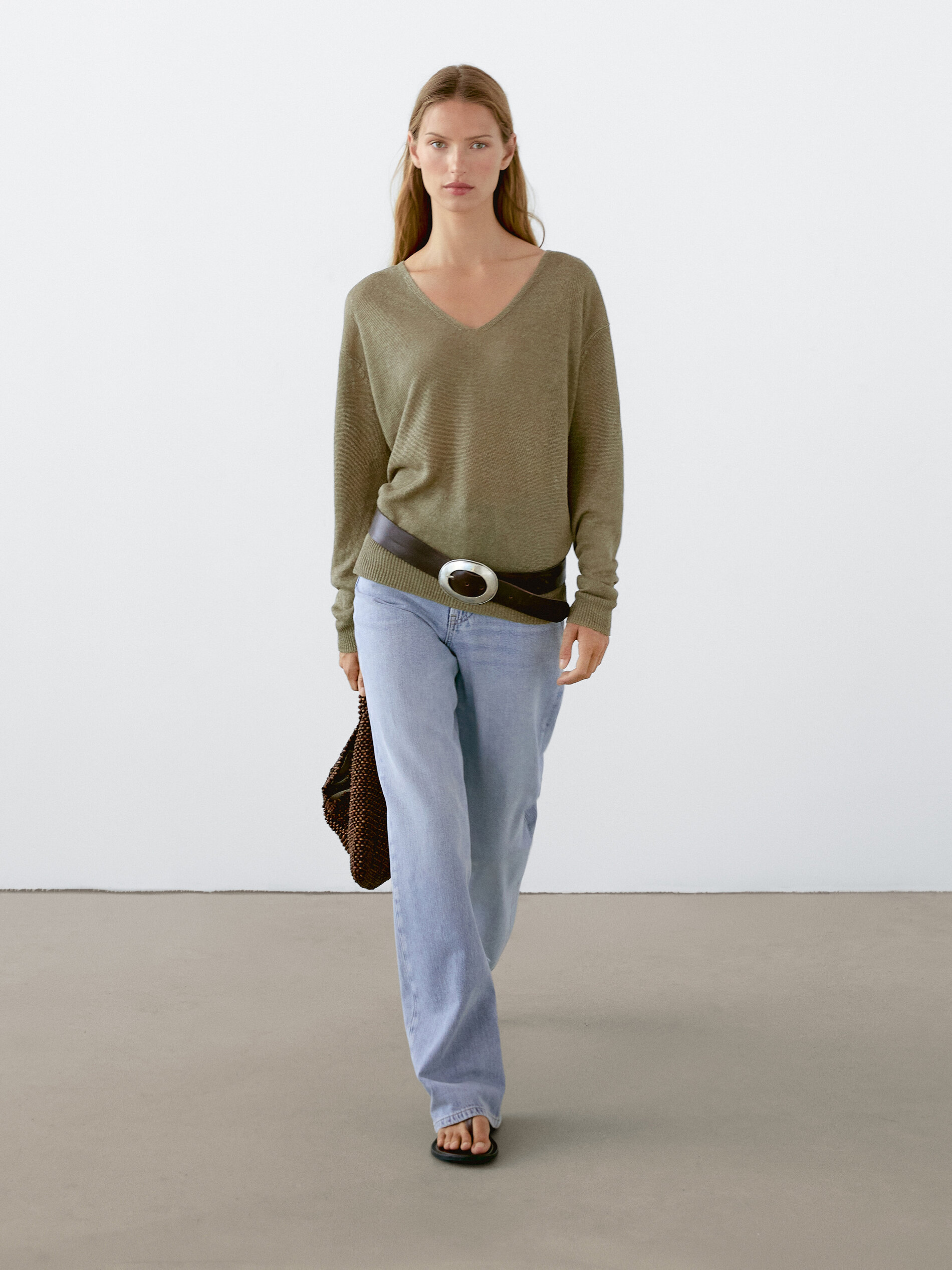 Pull À Col En V 100 % Lin - Verdâtre - S - Massimo Dutti - Femme