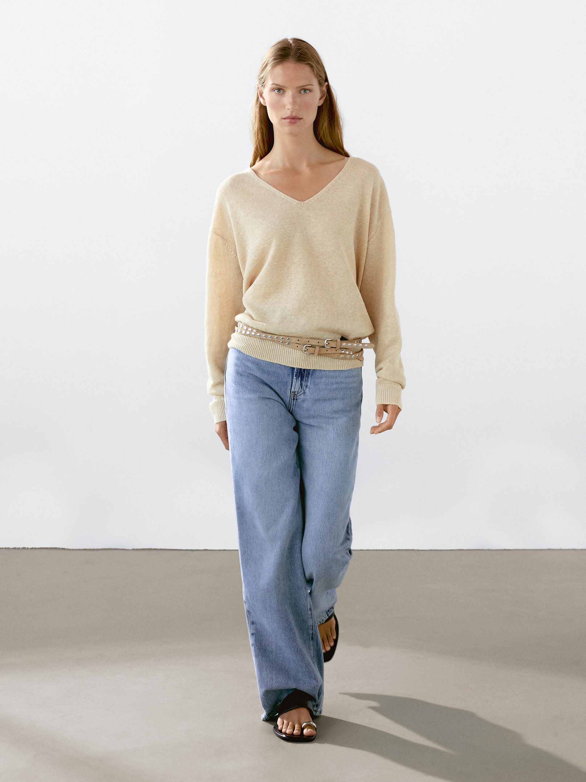 Pull À Col En V 100 % Lin - Sable - S - Massimo Dutti - Femme