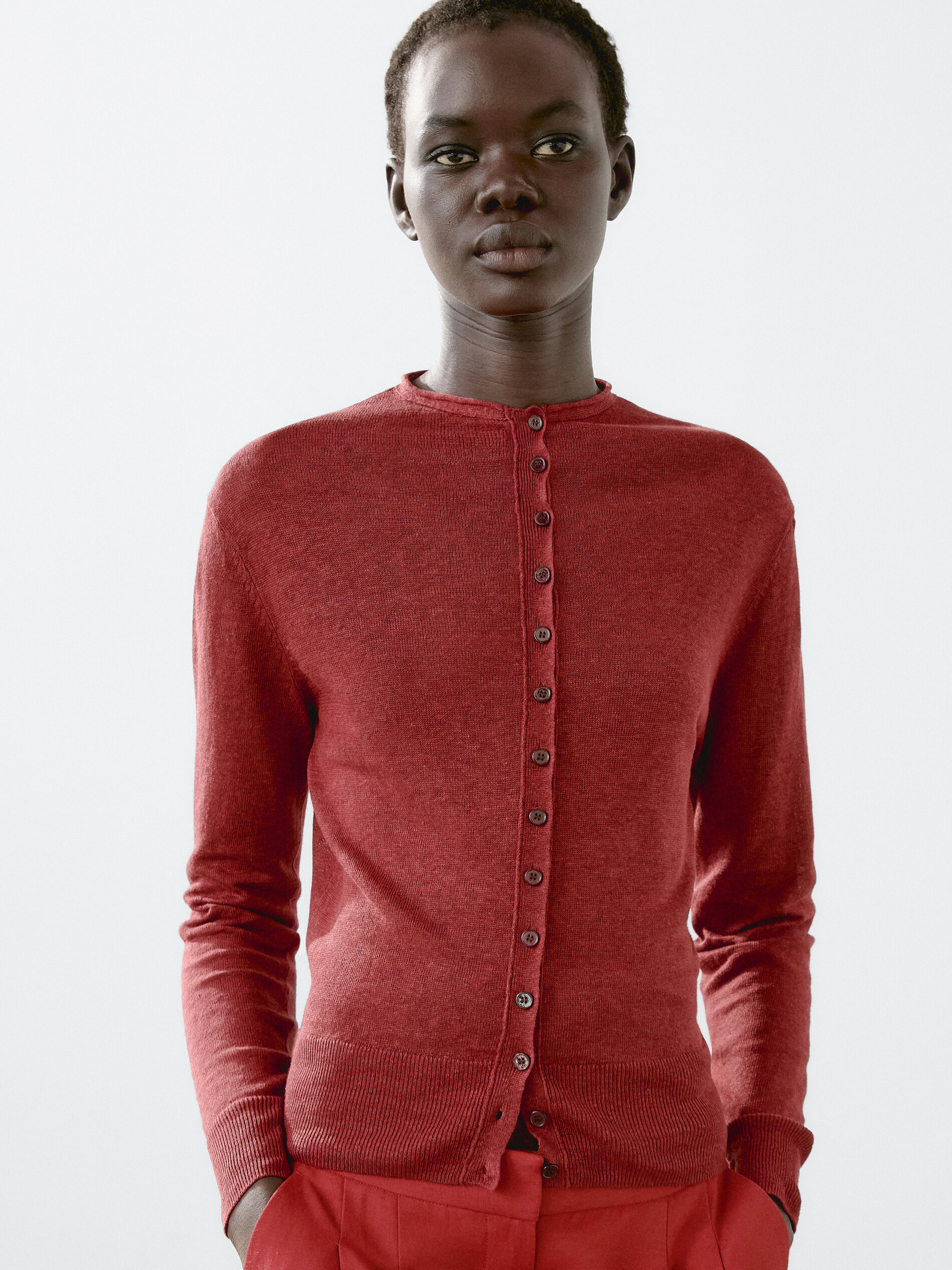 Cardigan Manches Longues 100 % Lin - Bordeaux - L - Massimo Dutti - Femme