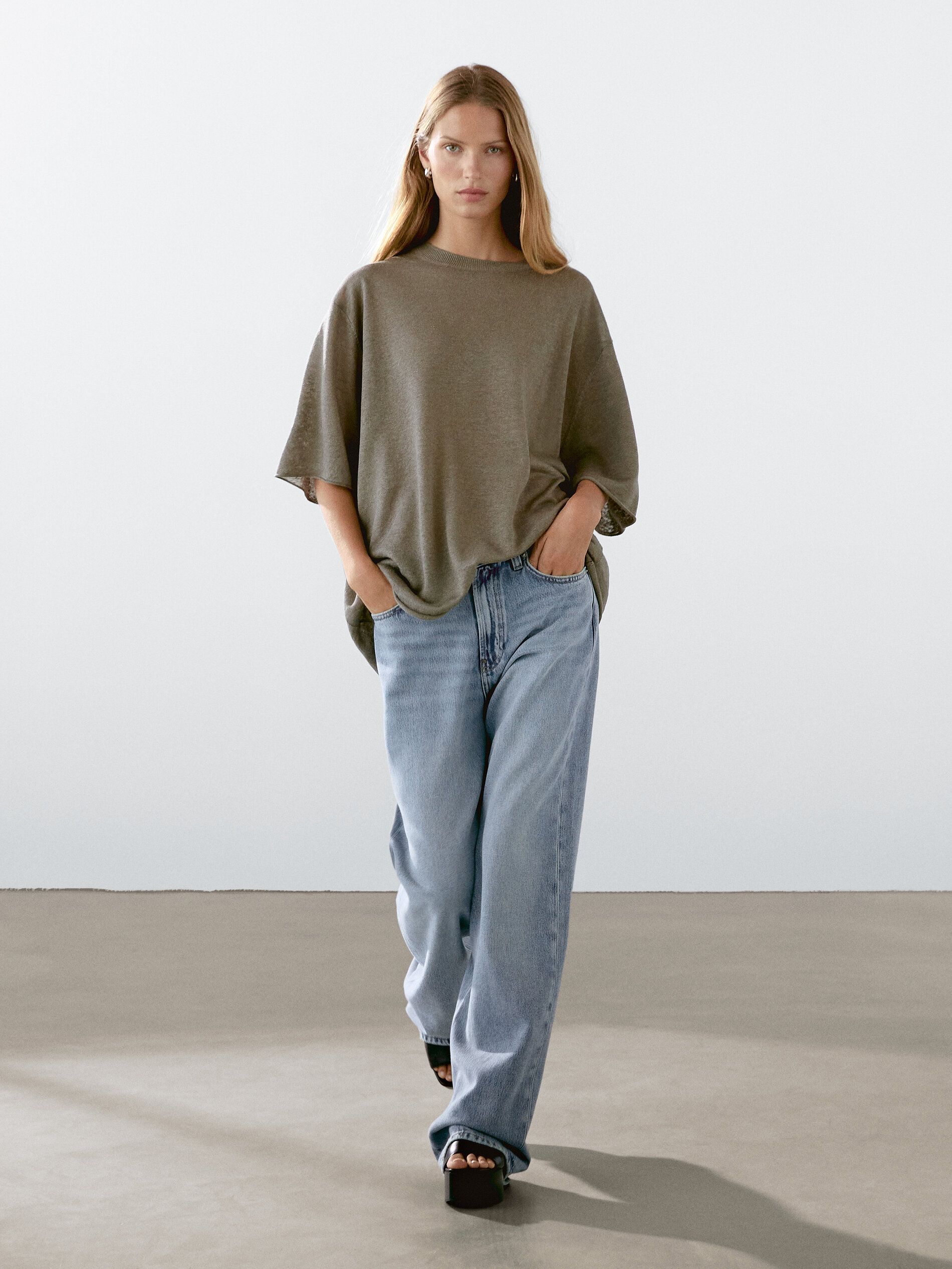 Pull Manches Courtes Oversize Lin - Vert - Xs - Massimo Dutti - Femme