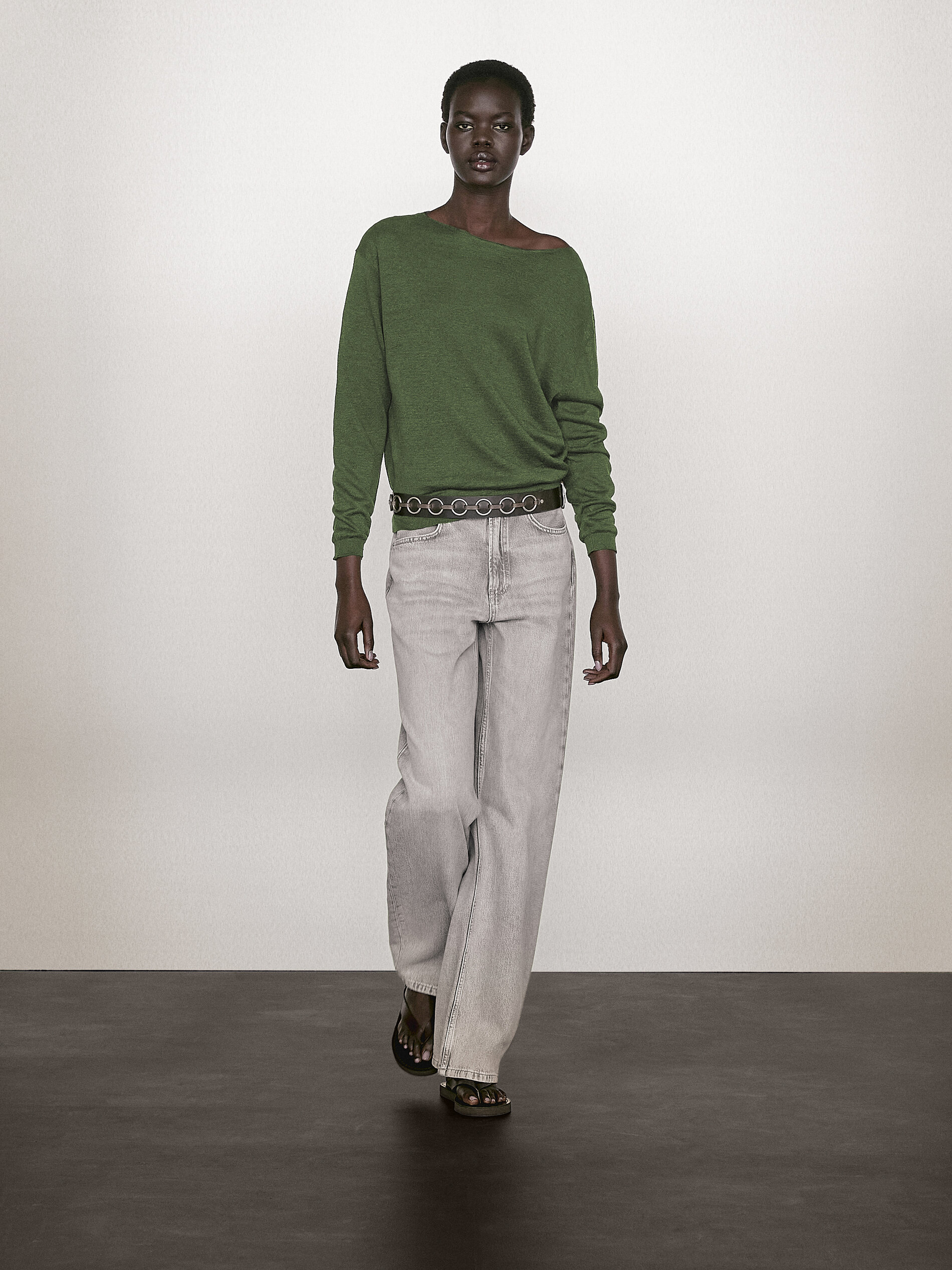 Camisola Com Decote À Barco 100% Linho - Musgo - S - Massimo Dutti - Mulher